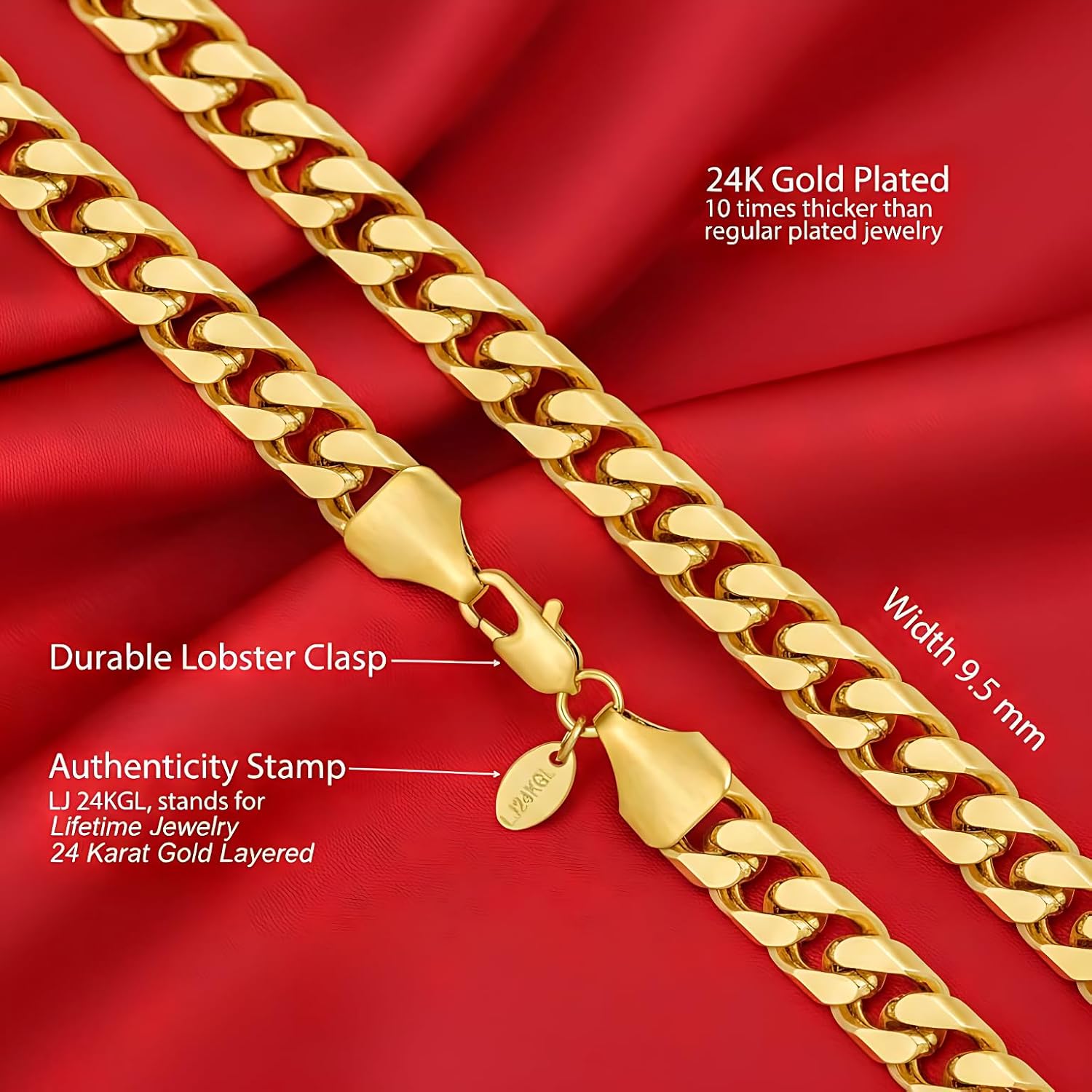 LIFETIME JEWELRY Miami Gold Cuban Link Chain for Men - Square Cut 24K Gold Plated Curb Chain - Lifetime Replacement - Durable Clasp (5mm & 9.5mm)