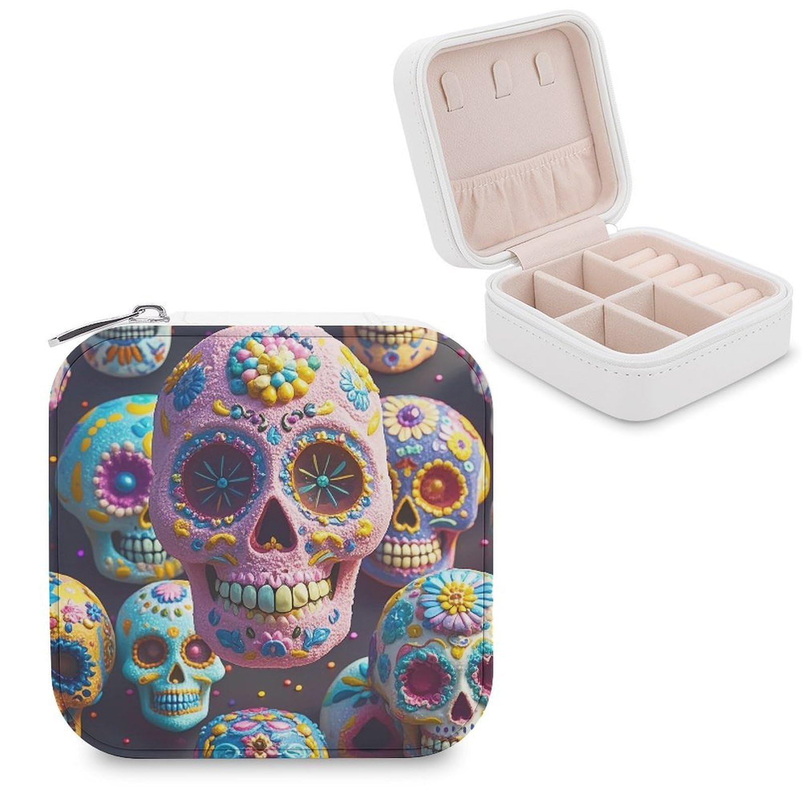 FekiLoot Sugar Skull Jewelry Case Personalized Leather Jewelry Box Mini Travel Jewelry Case Small Portable Jewelry Organizer for Ring Earrings Necklace Bracelet