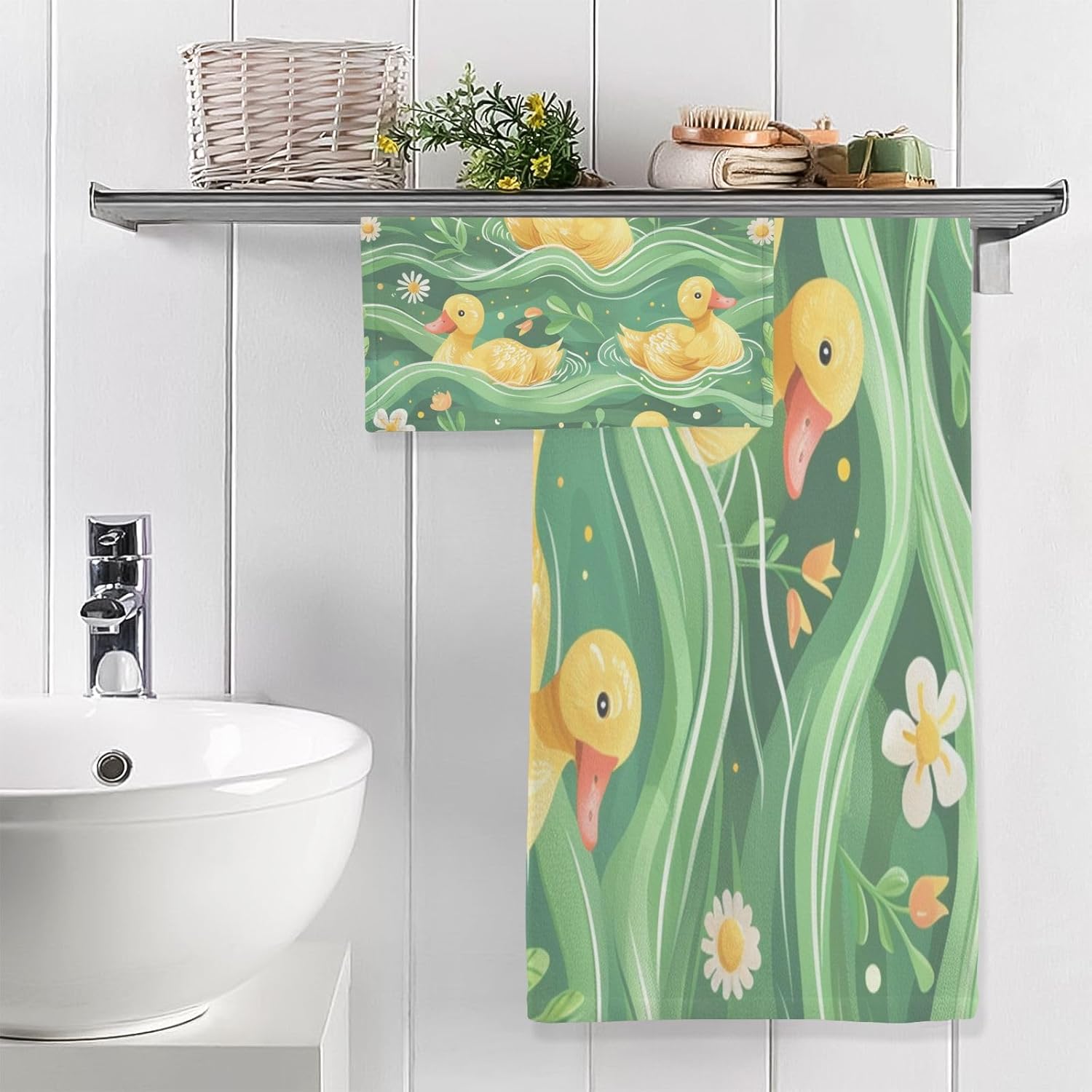 Hand Towels Premium Soft and Highly Absorbent Ducky Pattern with Waves 2 Pcs Towels for Bathroom Set 100% Cotton Decorative Face Towels