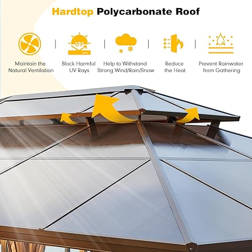 Miniatura 3 de MELLCOM Gazebo de techo rígido de 12 x 16 pies, gazebo de aluminio de doble techo de policarbonato, glorieta de toldo impermeable para exteriores
