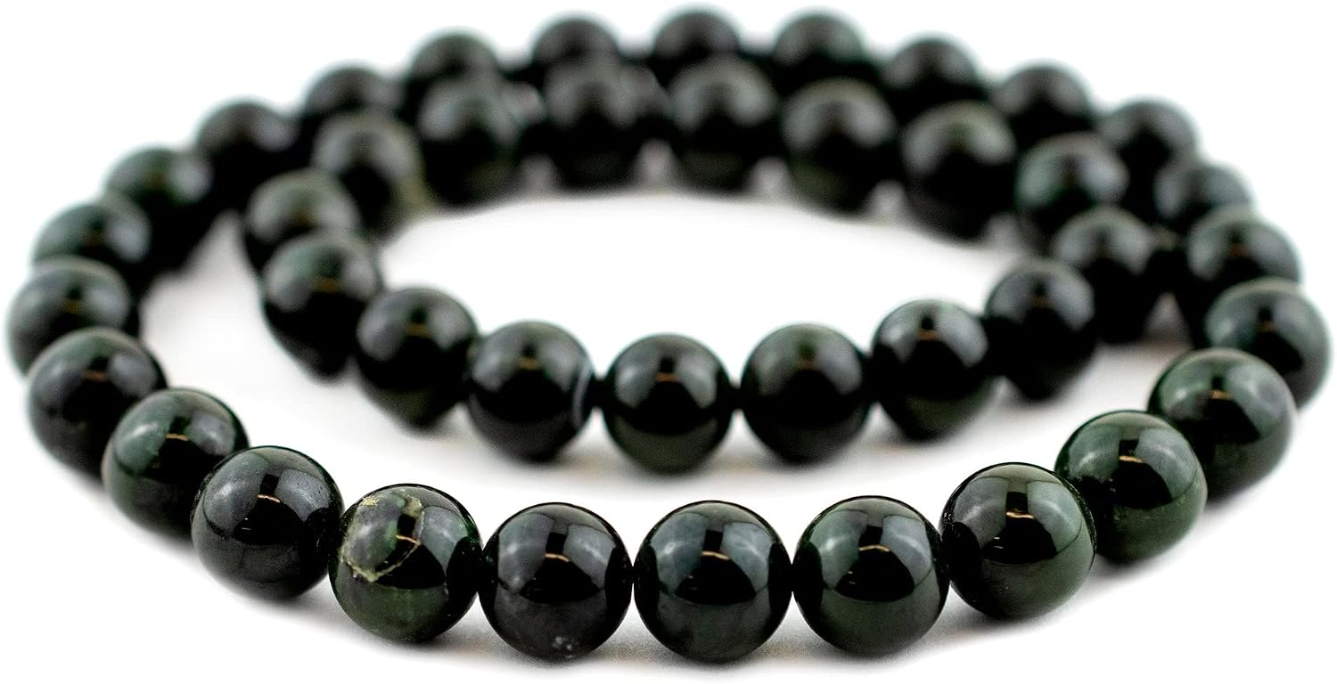The Bead Chest Round Deep Green Nephrite Jade Beads 10mm Gemstone 16 Inch Strand
