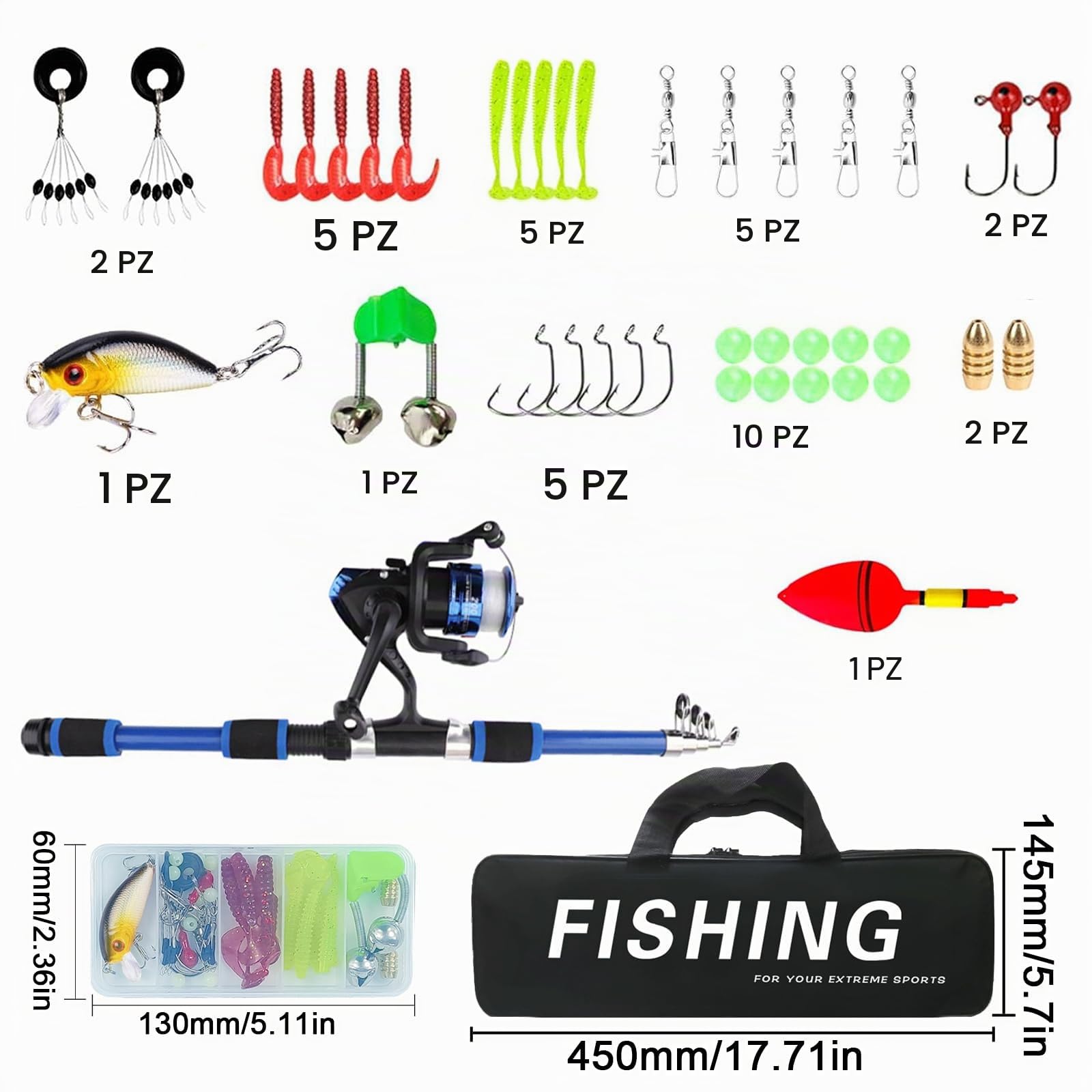 Set da pesca per bambini, 1,8 m, set di canne da pesca per bambini, con mulinello e set di esche, canna da pesca telescopica in fibra di carbonio e mulinello, accessori da pesca per bambini dai 3 ai