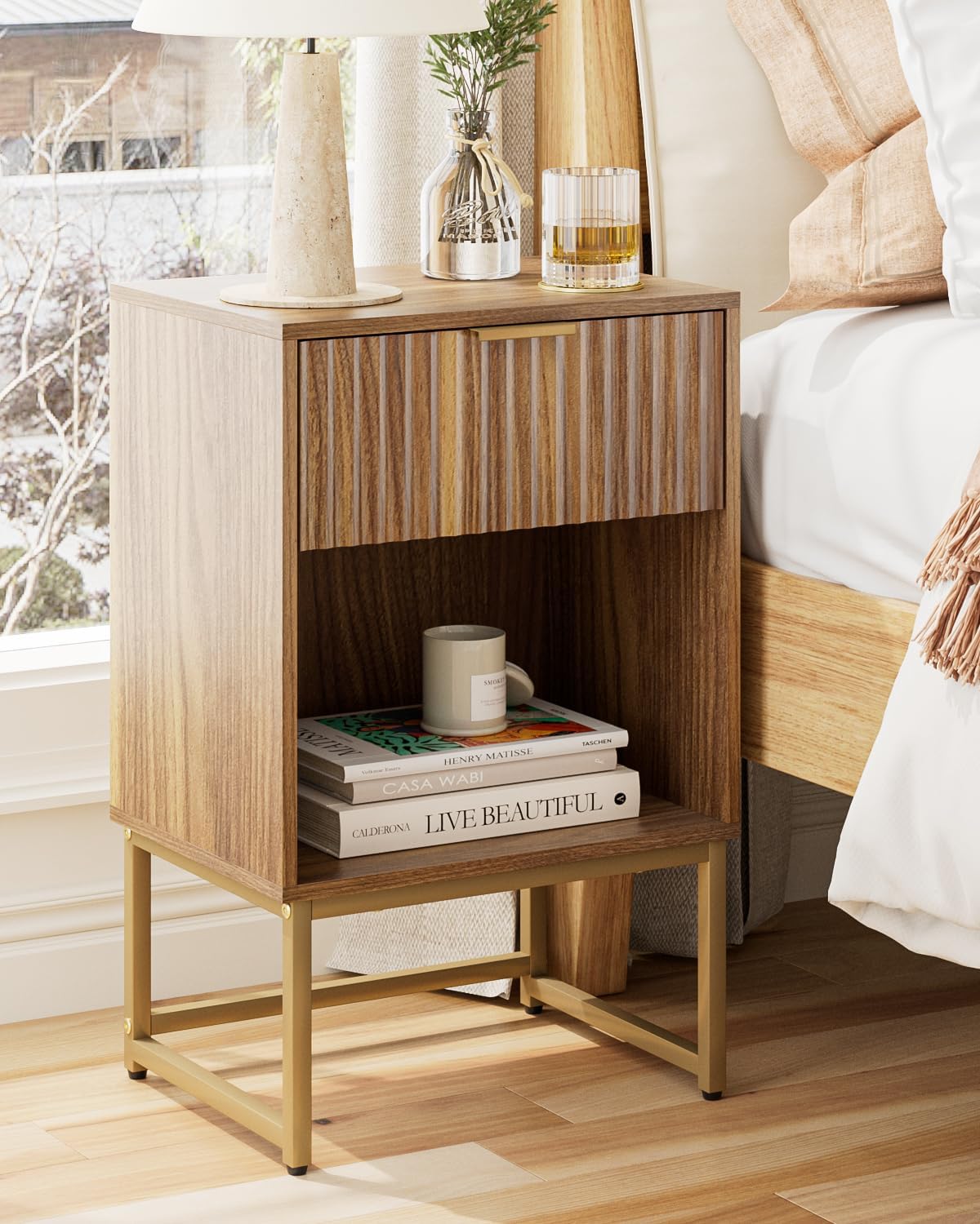 Masupu Fluted Nightstand,Modern Night Stand Wood Bedside Table with Storage Drawer Side End Table for Bedroom,Living Room,Office,Walnut Brown