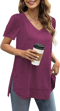 JomeDesign Summer Tops for Women Short Sleeve V Neck Shirts Side Split | Loose Casual Tunic Tops