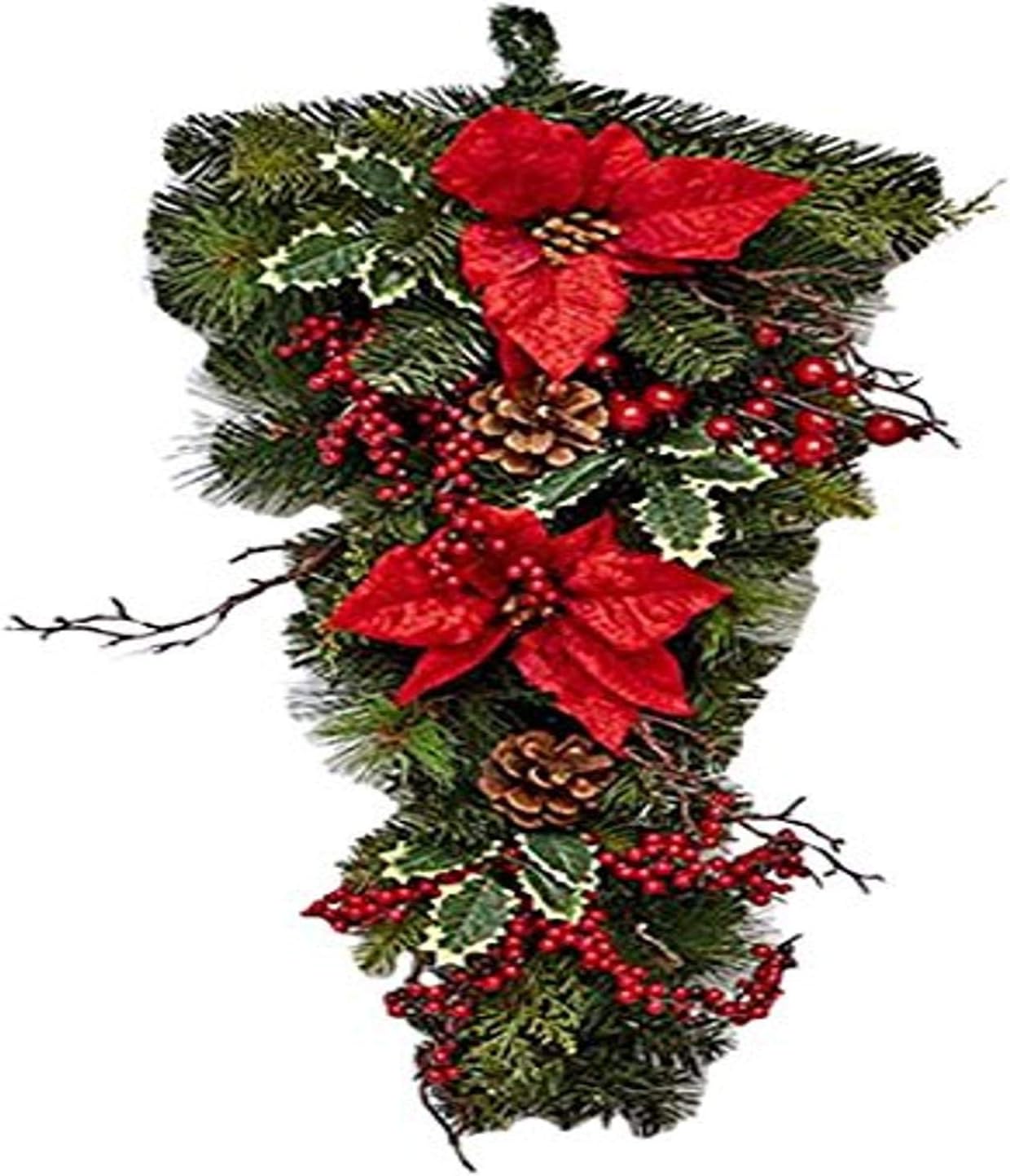 Worth Imports 28" Artificial Spruce Poinsettia Berry Christmas Teardrop Swag Seasonal Decor