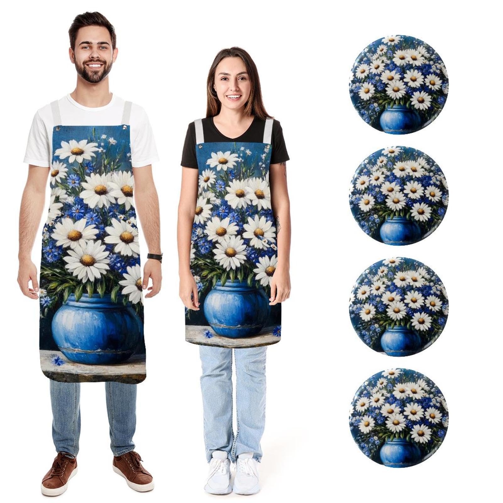 Tablier de cuisine motif marguerites bleues et blanches lot de 2 ajustable - 7