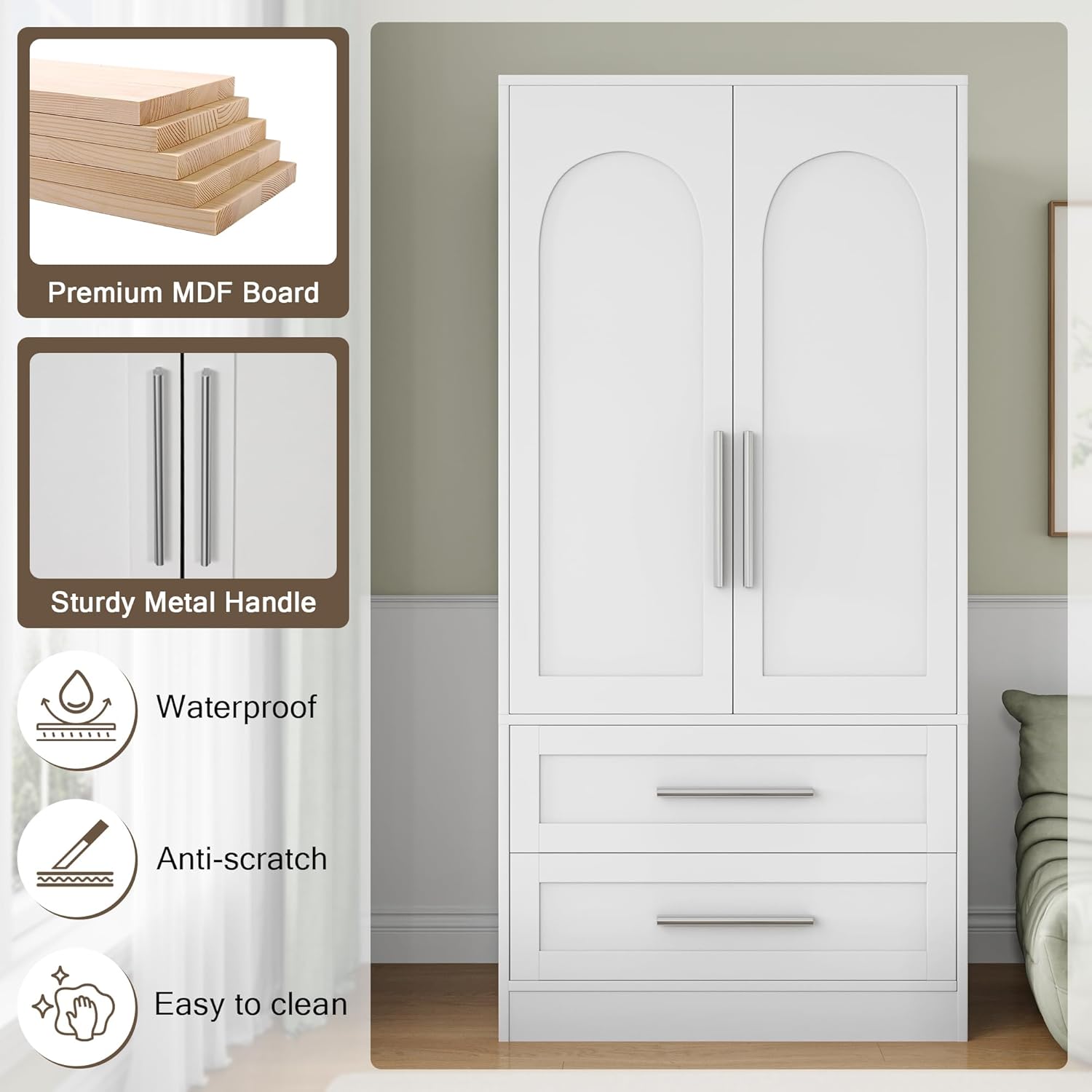 Einhomn Wooden Armoire Wardrobe Closet with 2 Doors and 2 Drawers,Bedroom Freestanding Armoire Storage Cabinet with Shelves,Tall Clothing Storage Cabinet for Bedroom,White