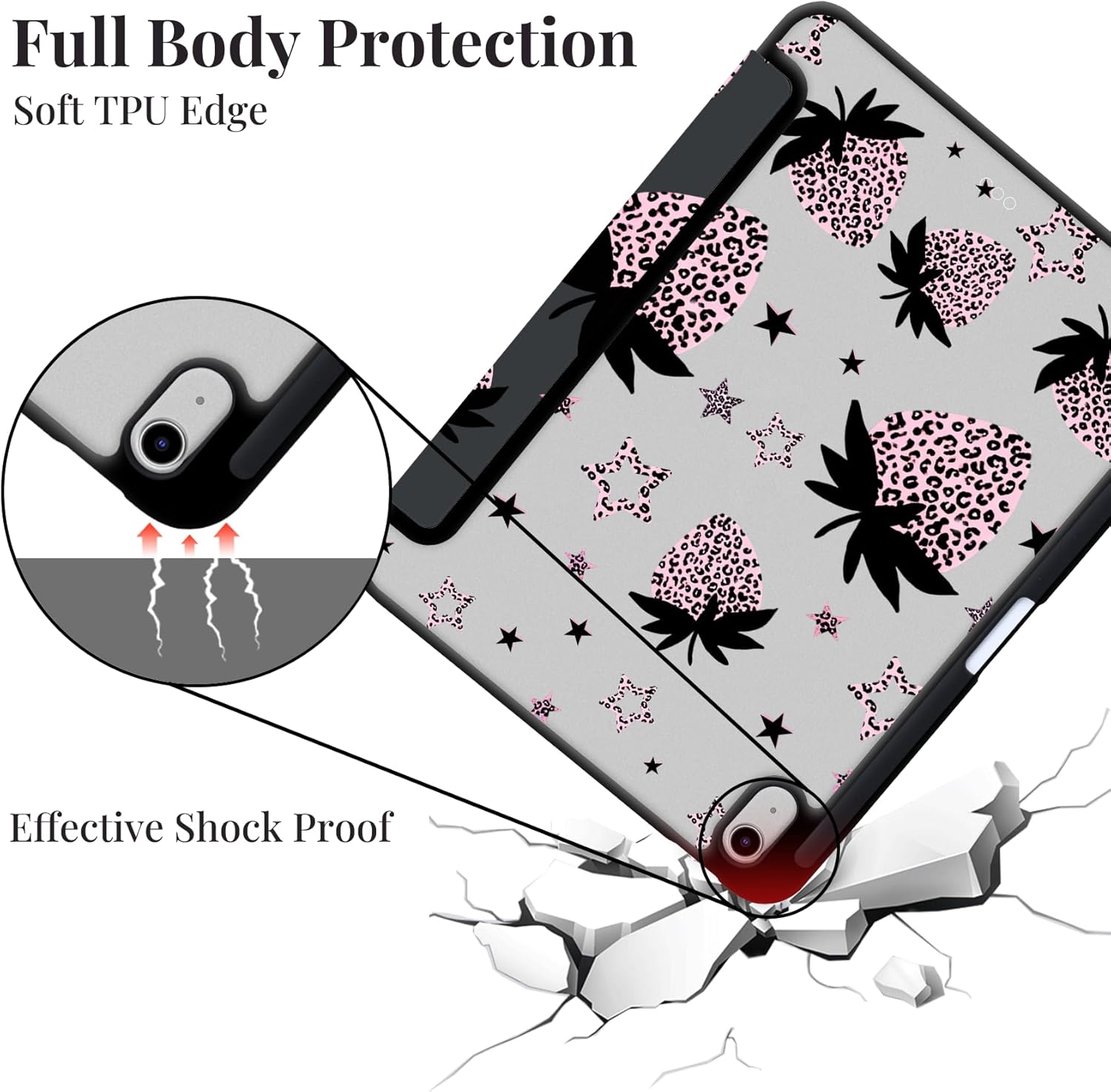 Y2k Printed Case for iPad (A16) 11th Gen 2025 11"/10th Gen 2022 10.9" Leopard Print Strawberry Clear Hard Back Hybrid Case,with Pencil Holder Trifold Stand Slim Tablet Cover for Women