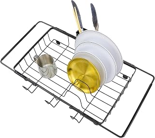 REBECCAHOWARD 1 x Expandable Dish Rack Top of Sink with Holder, Extendable Dish Rack with Non-Slip Cutlery Holder and Feet, Three-in-One Dish Rack