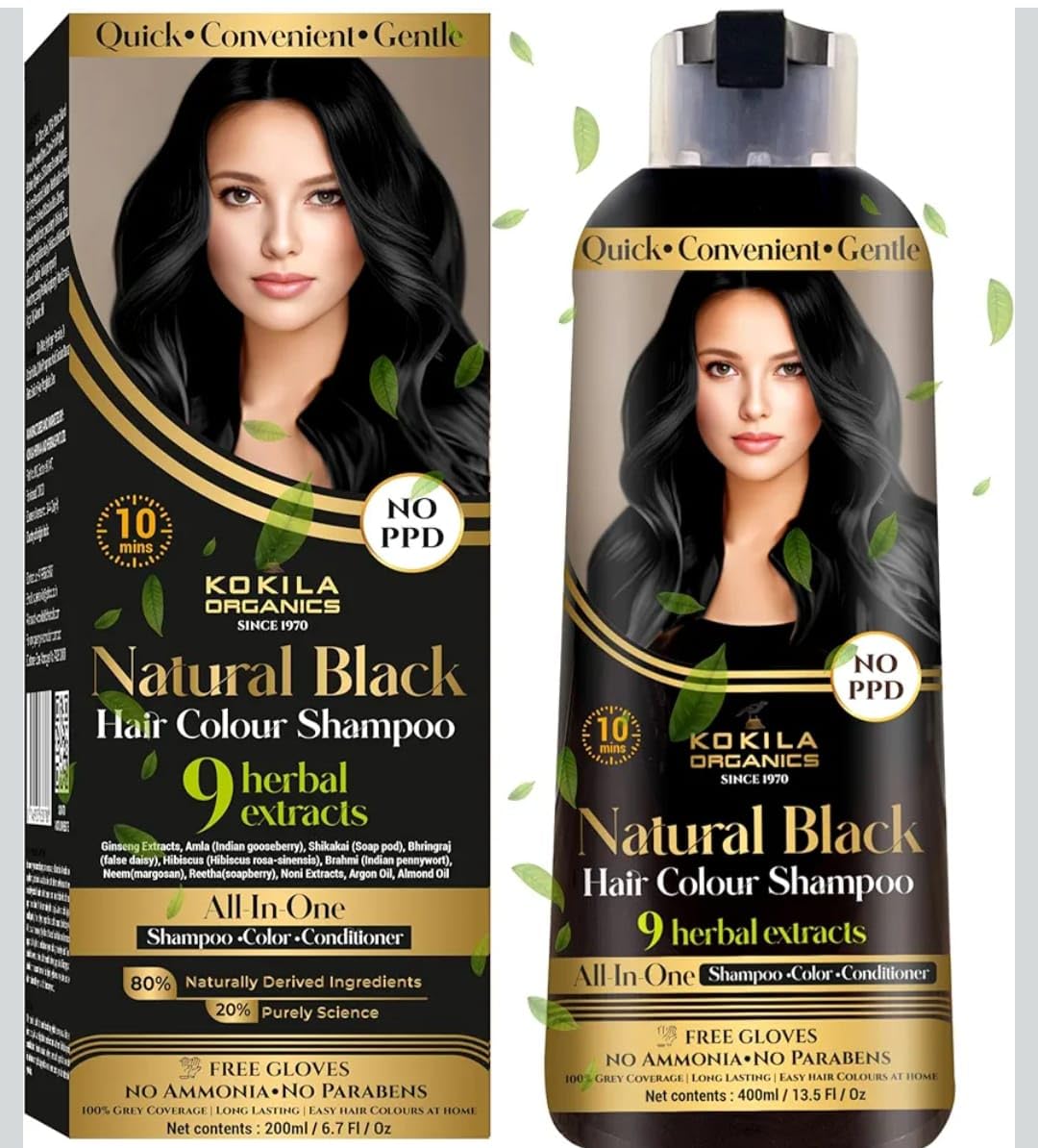 Kokila Organics Natural Black Hair Colour Shampoo, 9 Herbal Extracts, No PPD, No Ammonia, No Parabens, 400ml, All in One