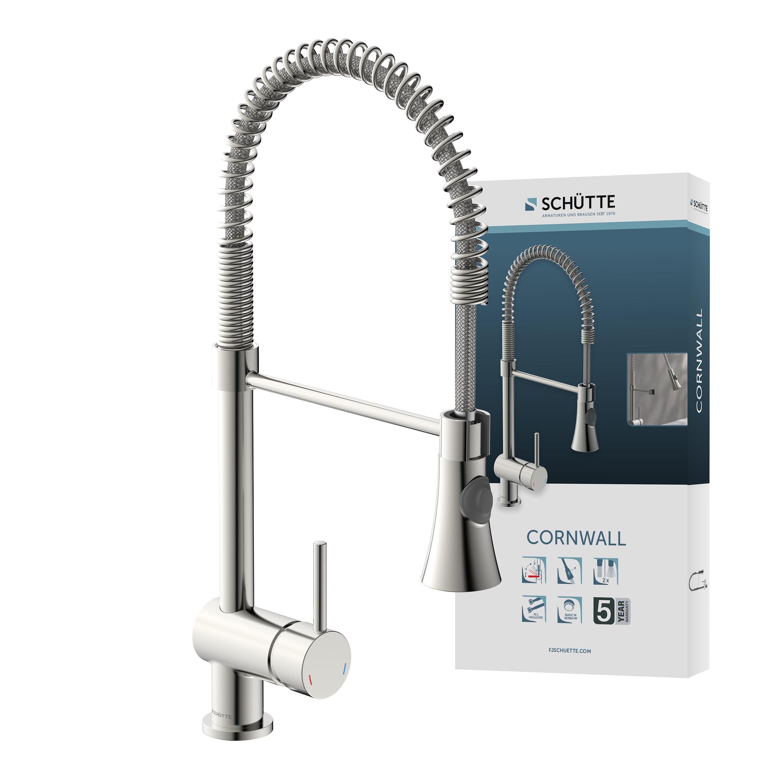 SCHÜTTE 79155 CORNWALL Küchenarmatur, Einhebelmischer mit ausziehbarer Geschirrbrause, 360 Grad schwenkbare Spültischarmatur, Spiralfeder Mischbatterie für die Spüle, Wasserhahn Küche, Edelstahloptik