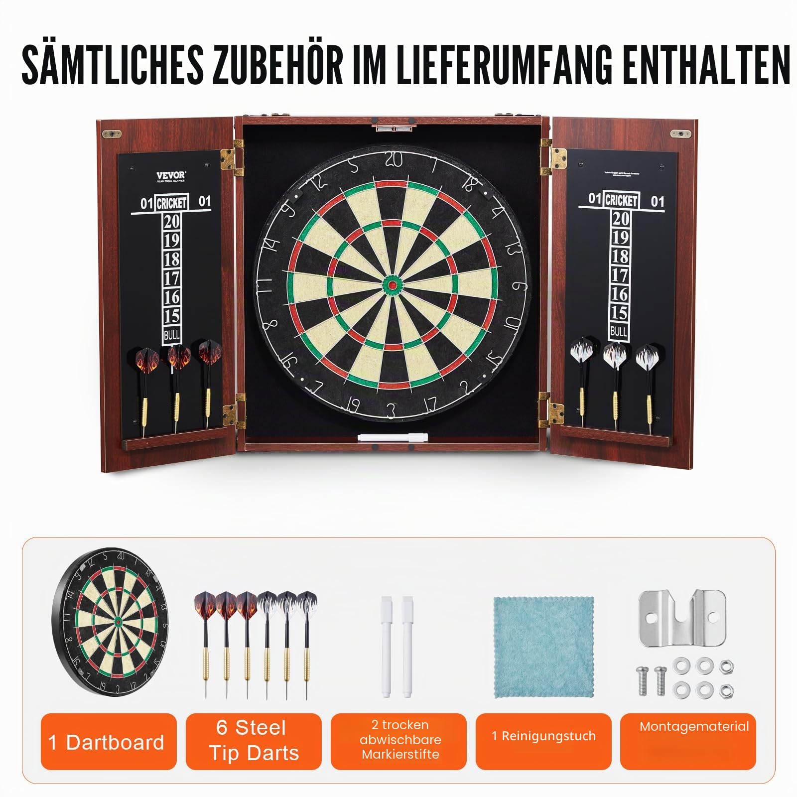 VEVOR Dartboard- und Schrankset Dartboard-Schrank in offizieller Größe, Dartscheibe 45 x 3,8 cm versteckbarer Dartschrank mit Stahlspitzen, komplett mit sämtlichem Zubehör, für Cricket-Spiele