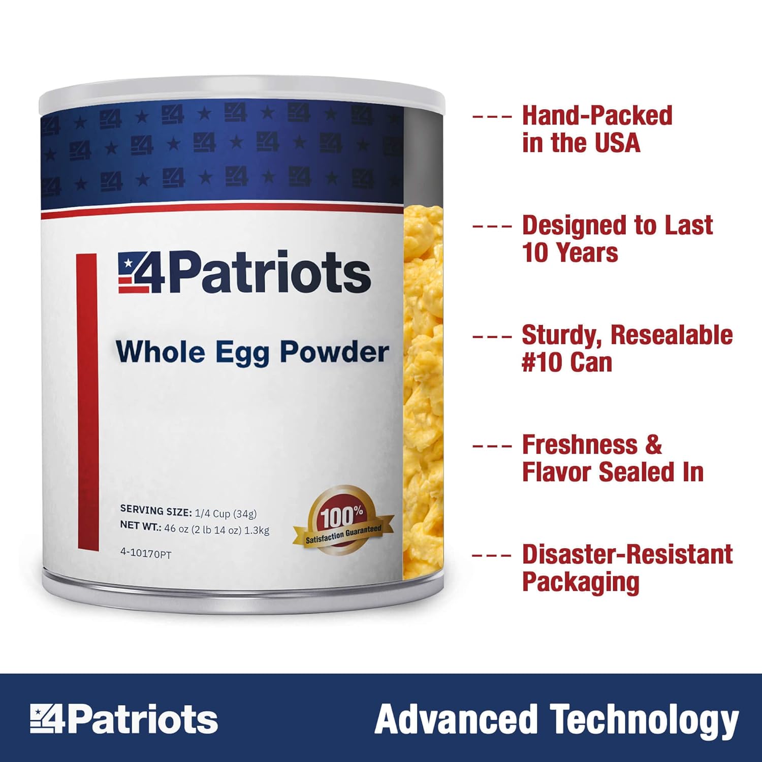 4Patriots Whole Eggs #10 Can: Freeze-Dried Survival Eggs Designed to Last 10 Years, 72 Servings
