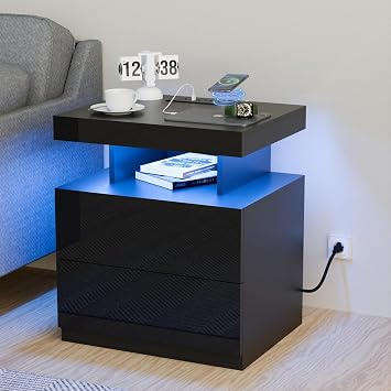 HOMMPA LED Nightstand with Wireless Charging Station & USB Ports, 2 Drawer Night Stand with LED Light RGB Adjustable Brightness, Smart Nightstand High Gloss Bedside Table for Bedroom Black