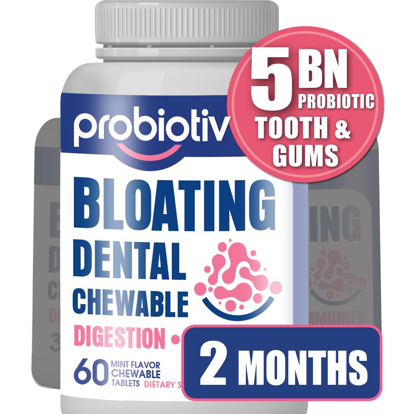 Chewable Probiotics Bloating Relief for Women 5 Billion CFU – “Two-in-One Combo” Digestive Enzymes for Gas Discomfort & Dental Probiotics for Teeth and Gums (60 Count)