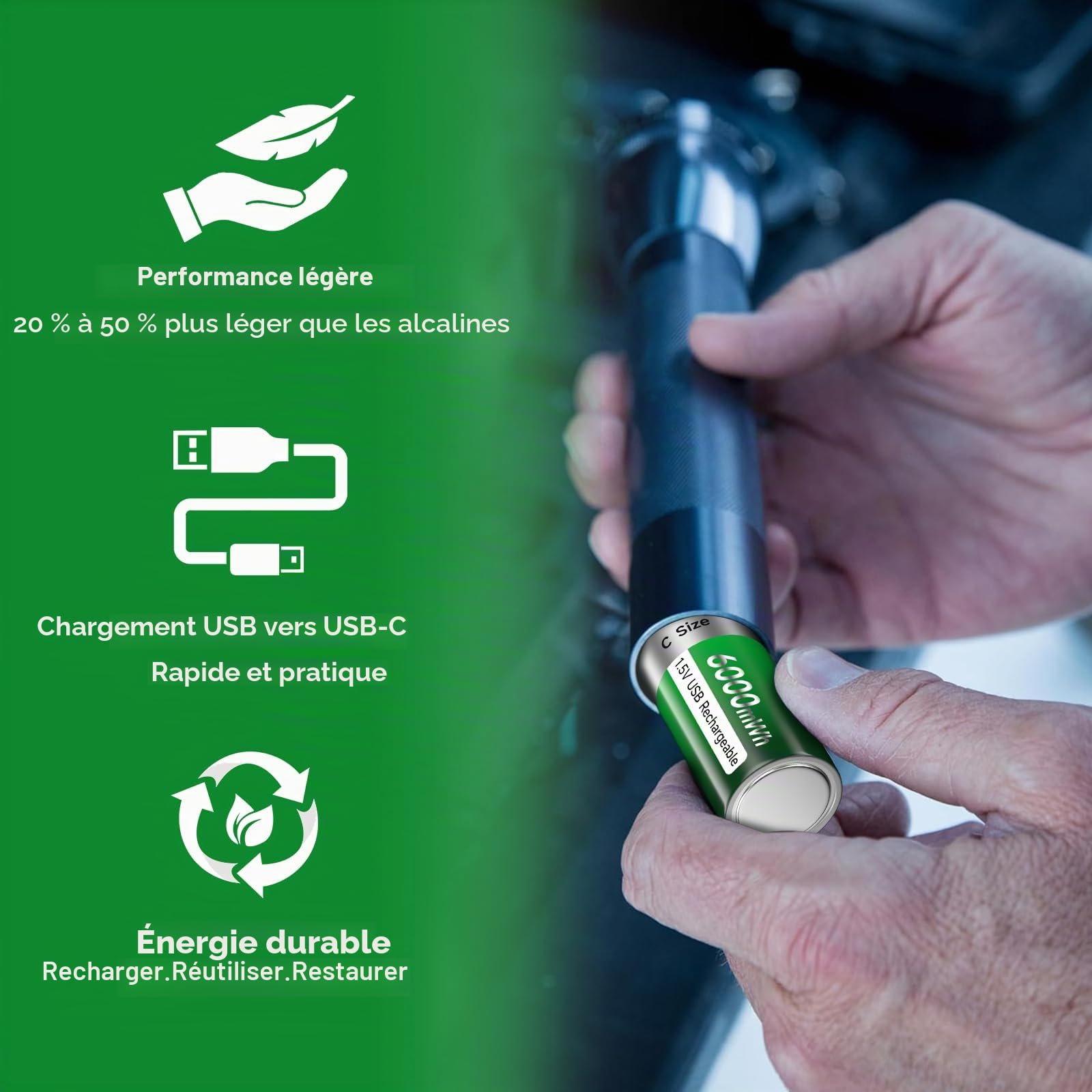 Lot de 6 batteries rechargeables Baby C USB 6000 mWh - 1,5 V/lithium - Batterie C haute capacité avec câble de charge de type C - 3 heures de charge rapide