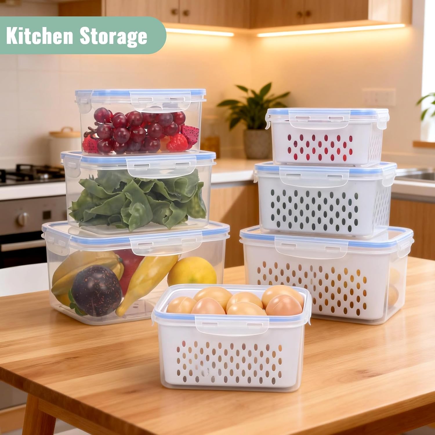 3 PCS Fruit Storage Containers for Fridge with Removable Colander