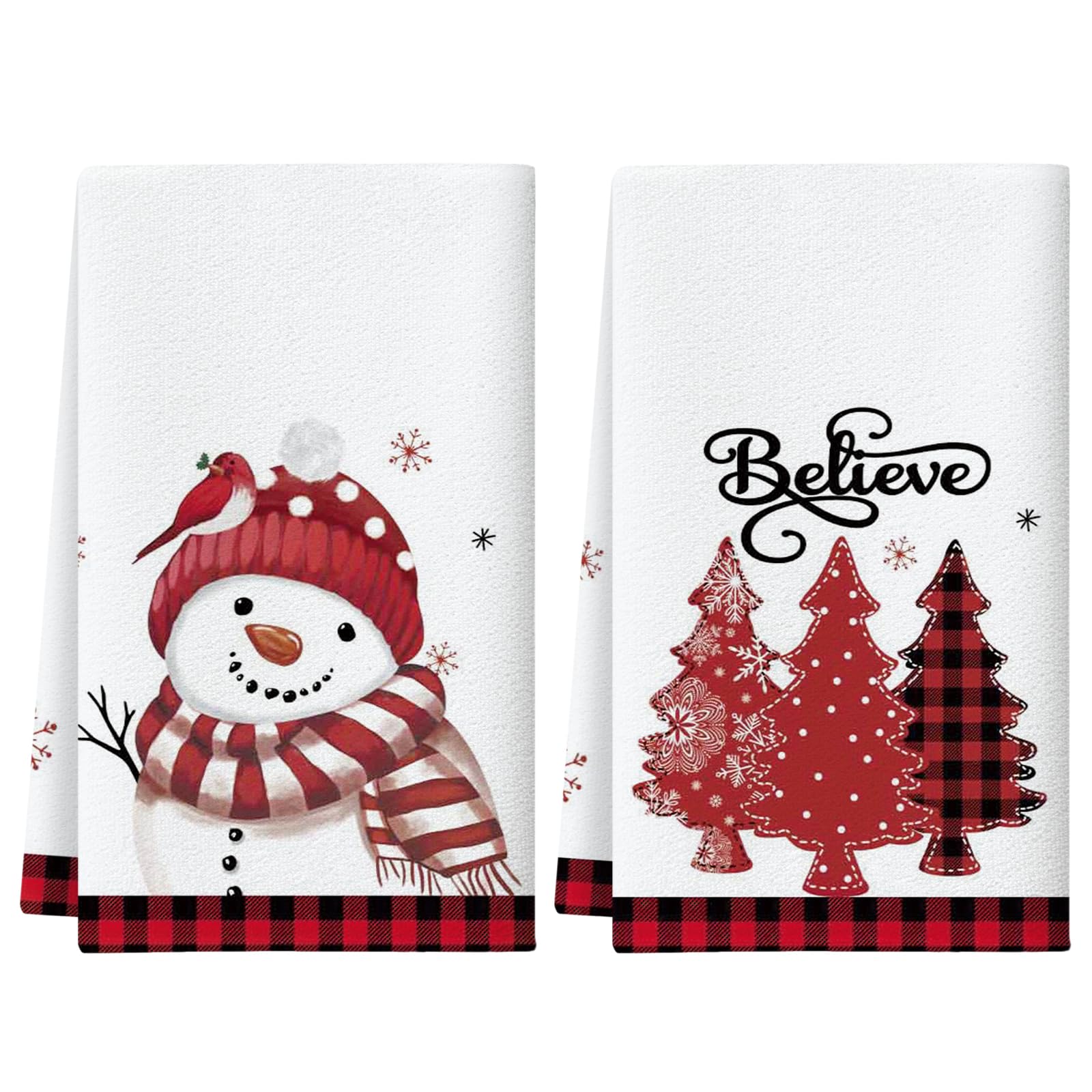 Artscope Christmas Black Red Buffalo Plaid Kitchen Towels Dish Towels 45x66 cm, Set of 2 Christmas Trees and Snowman Believe Daily Winter Hand Towels for Cleaning Cute Design Home Decor