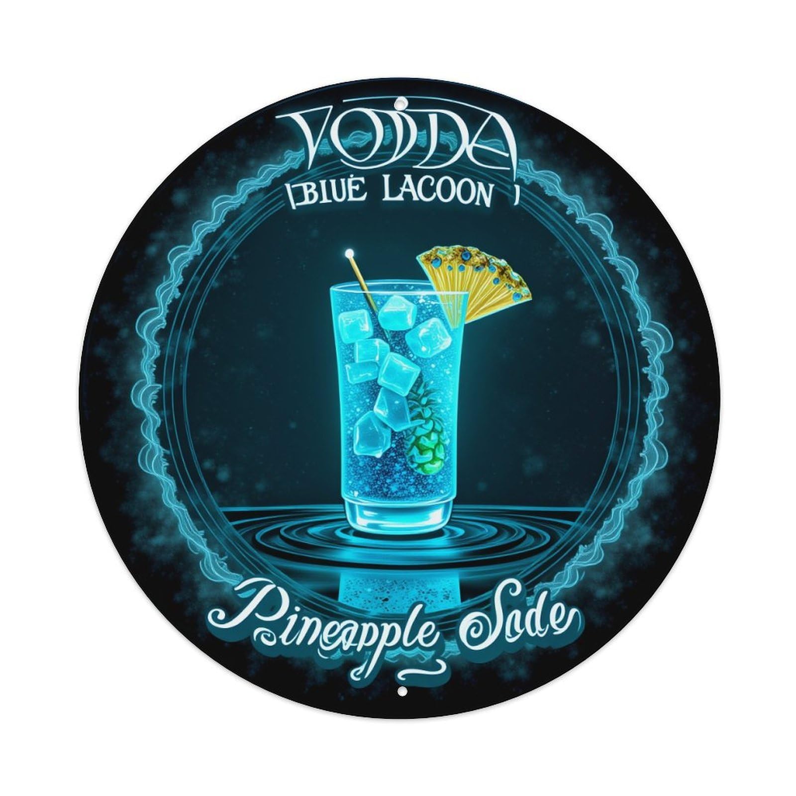 Blue Cocktail Glass Ice Pineapple Round Tin Sign Vintage Metal Poster, Home Bar Garage Man Cave Cafe Indoor & Outdoor Wall Decoration 8x8Inches