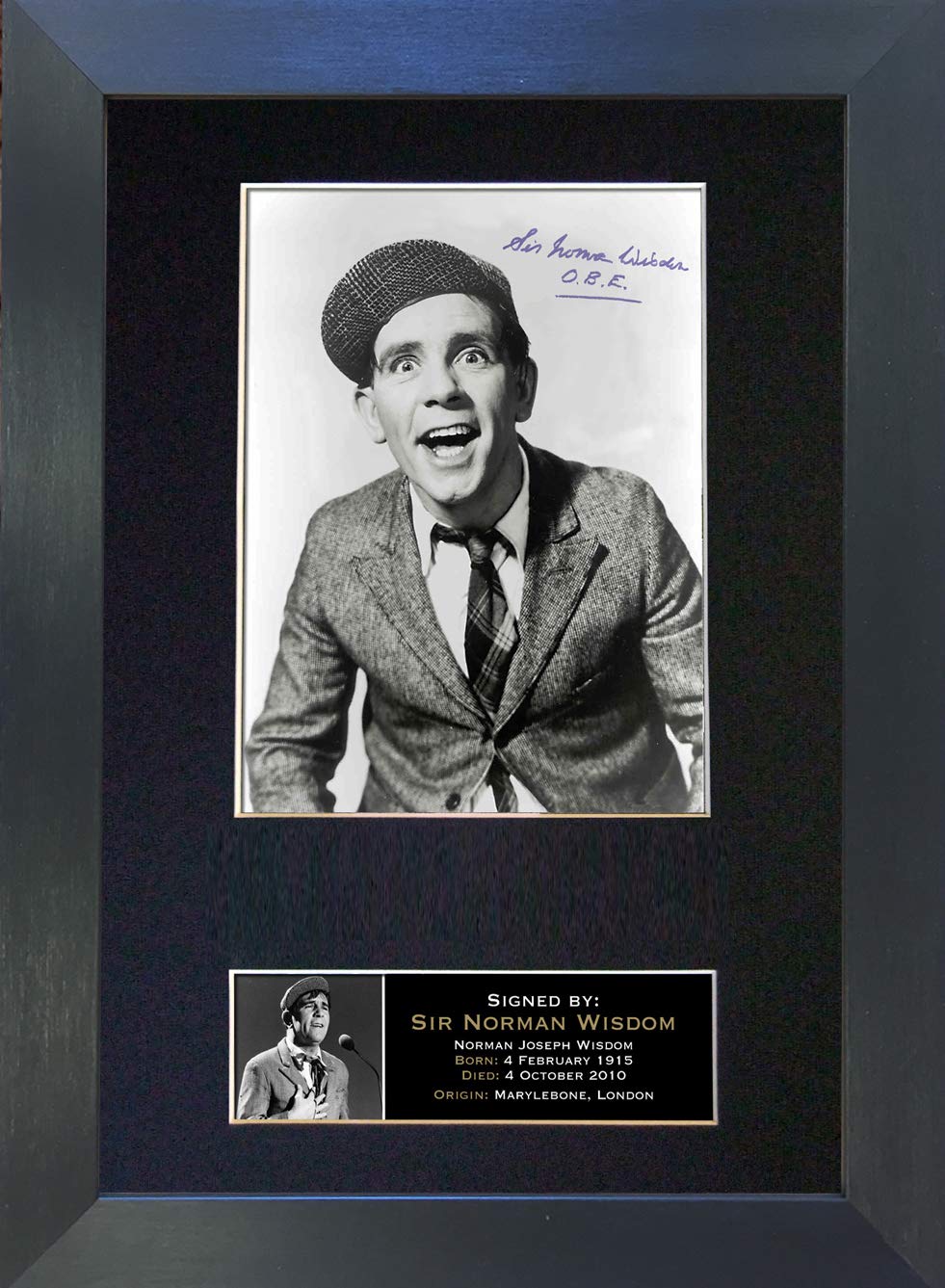 The Autograph Collector Gold,Black Norman Wisdom Signed Autograph Mounted Photo Reproduction Print A4 Rare (297 X 210Mm) #29 (Black Frame)