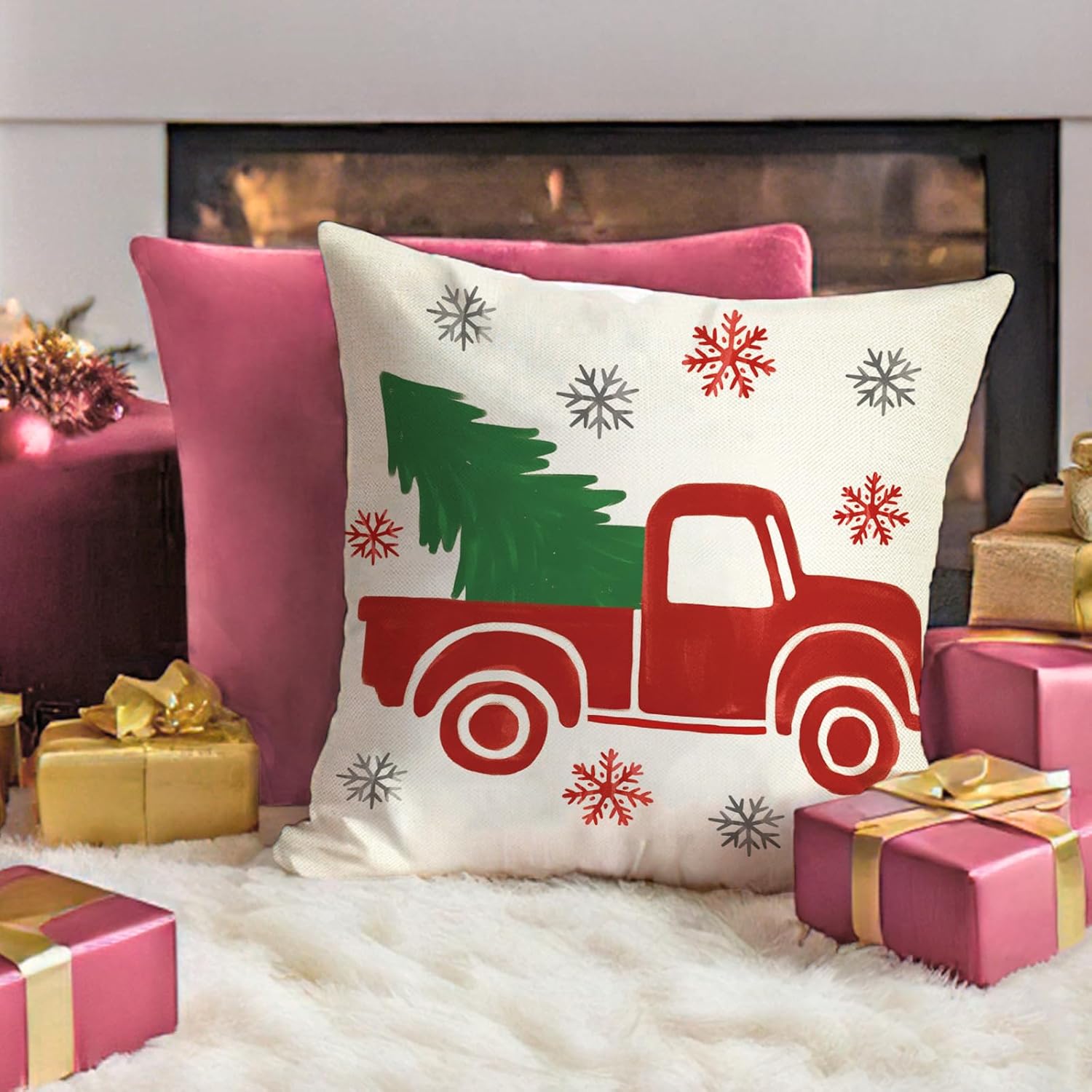 Fahrendom Christmas Reindeer Decorative Throw Pillow Covers 18 x 18 Set of 4, Xmas Tree Truck Snowflake Porch Patio Outdoor Pillowcase, Winter Holiday Sofa Couch Cushion Case Home Decor - Image 5