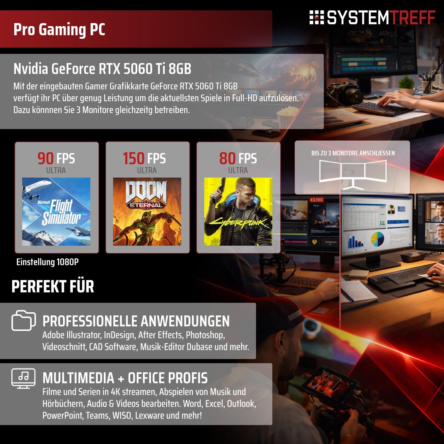 SYSTEMTREFF Gaming PC AMD Ryzen 5 7500F 6x5GHz | Nvidia RTX 5060 Ti 8GB DX12 | 1TB M.2 NVMe | 32GB DDR5 RAM | Windows 11 | WLAN Desktop Computer Rechner für Gamer, Zocker & Streamer