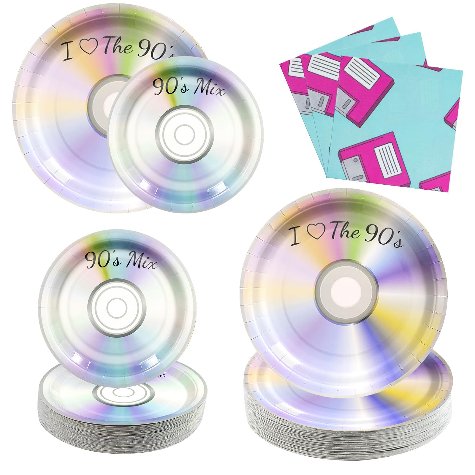 yunhuatdm 180PCS 90s Party Decorations – Retro CD Themed Tableware Set with Disposable Paper Plates and Napkins for 90's Mix I Love the 90s Birthday