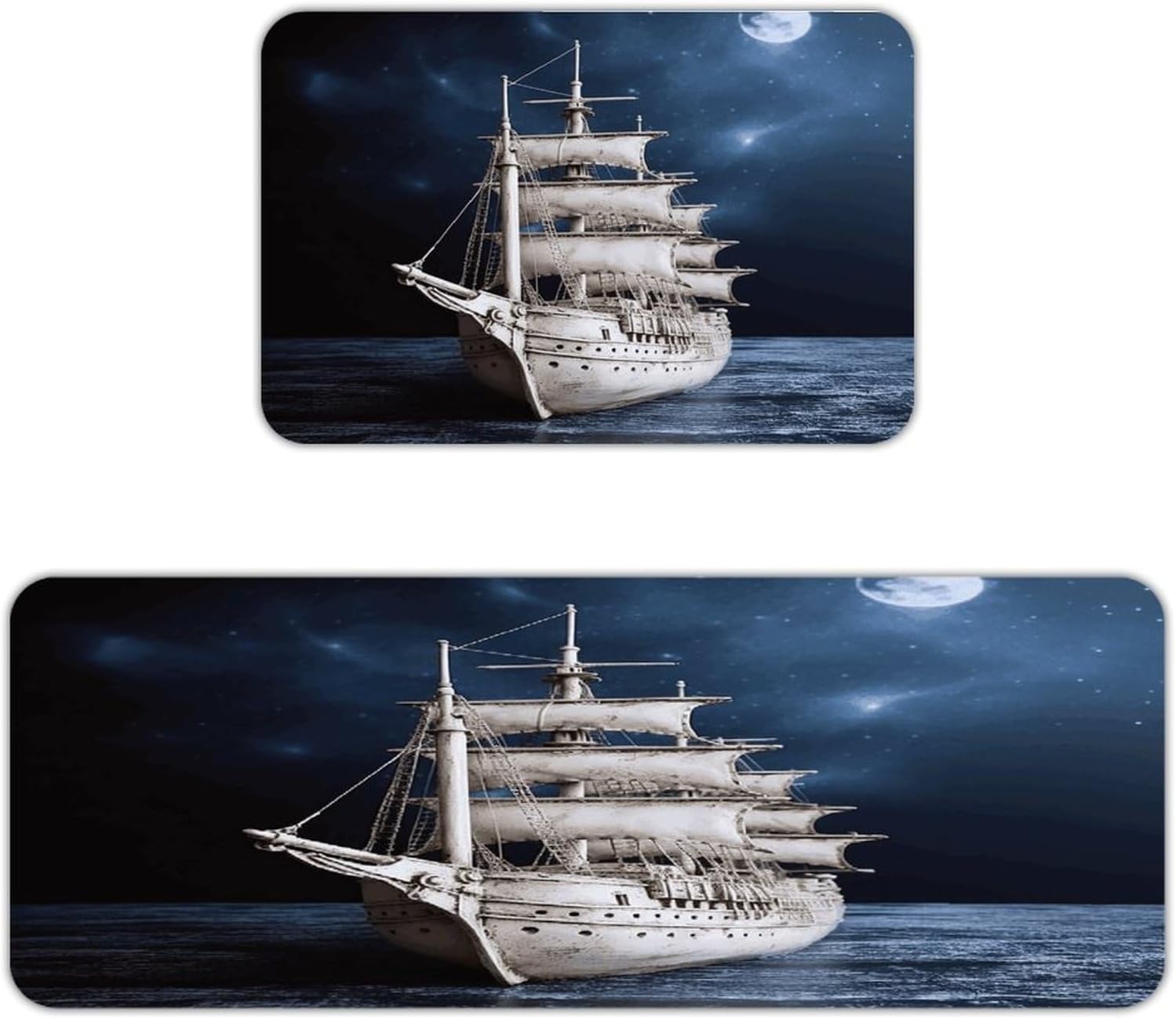 Vintage Nautical White Ship Kitchen Mat Washable Non Slip Rugs Soft Kitchen Mats for Floor Set of 2 PCS Cushioned Absorbent Runner Standing Rugs for Home Sink Laundry Office