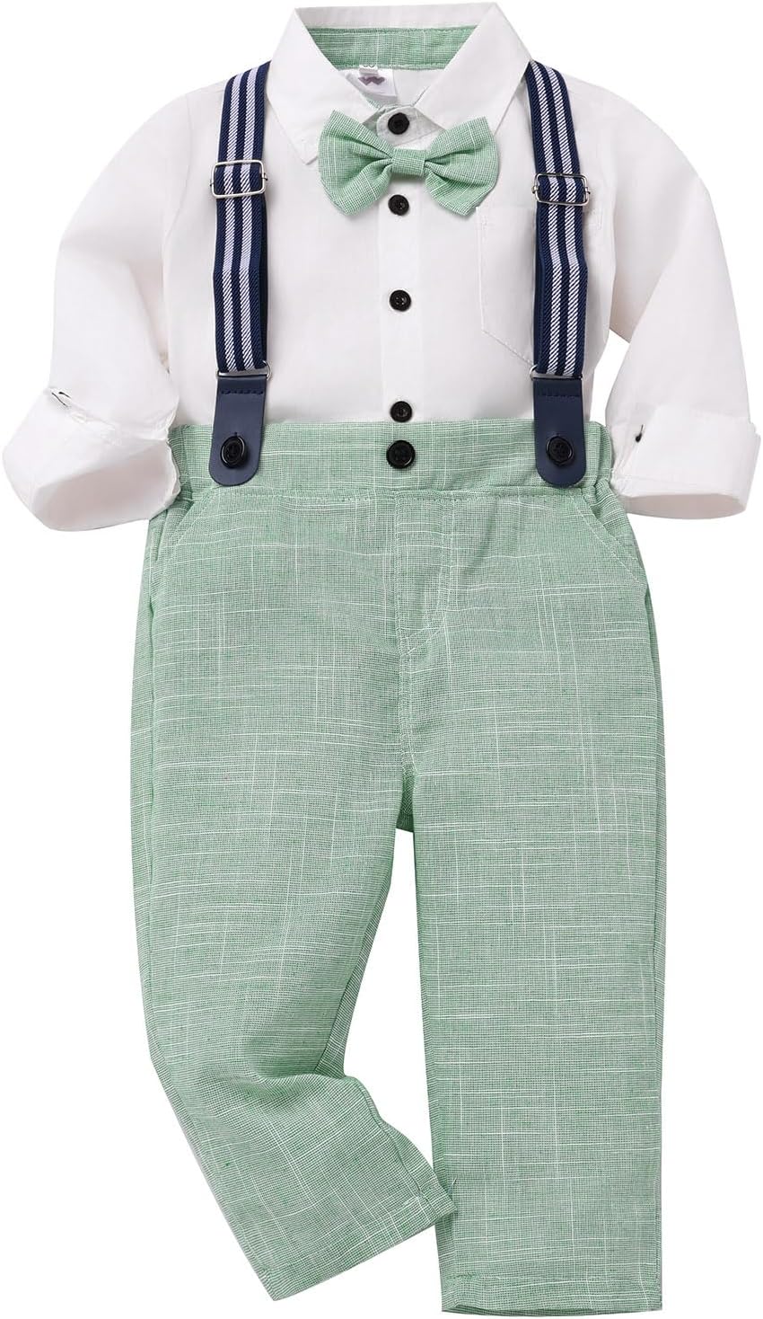 IDOPIP Toddler Kids Baby Boys Formal Suit Gentleman White Shirt with Bowtie + Suspender Shorts Pants Overalls Clothes 6M-5T