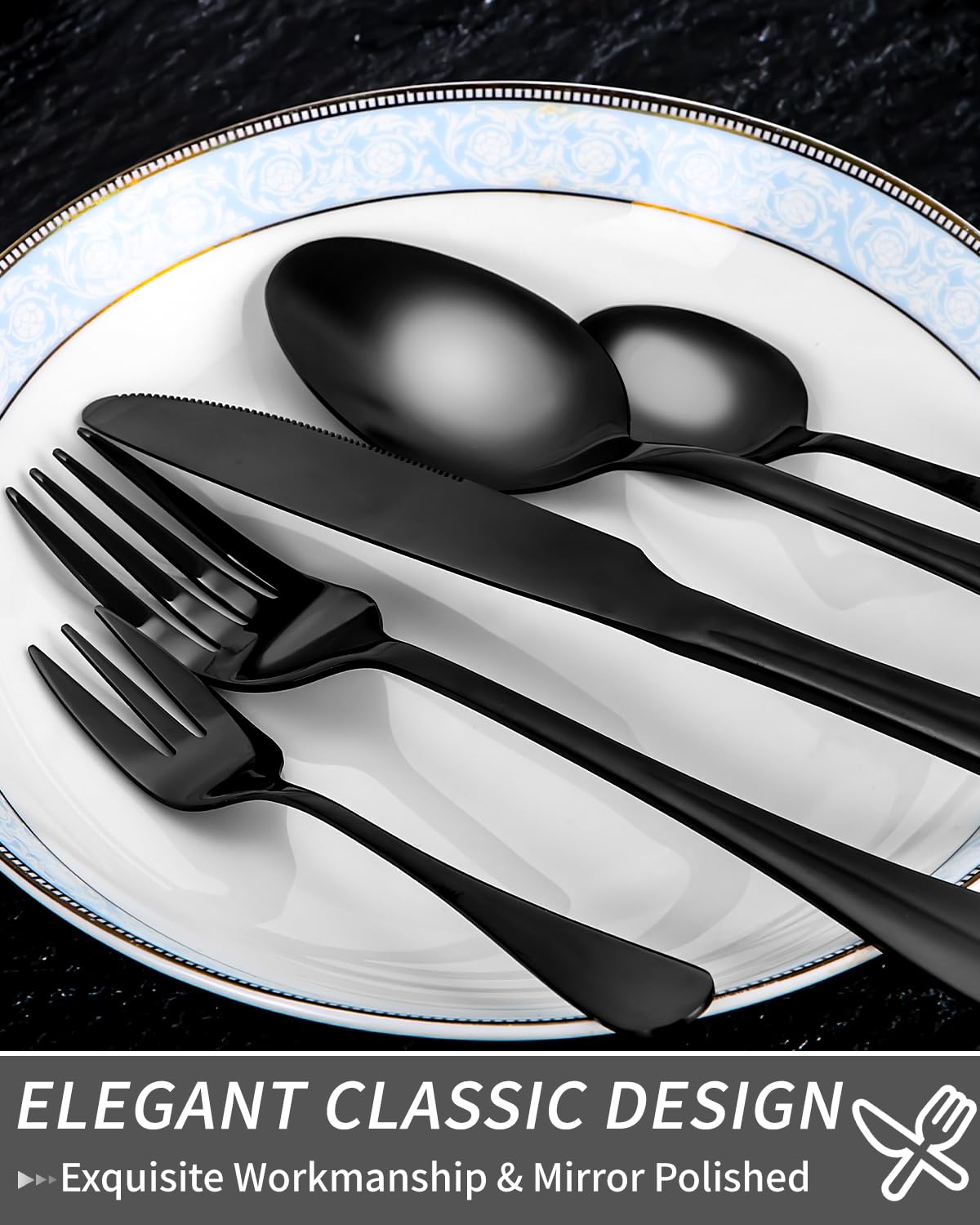 Besteck Set 12 Personen, 60-teiliges Schwarzes Besteck, Hochglanzpoliert und Spülmaschinenfest, Elegantes Besteck Schwarz Matt, mit Messer Gabel Löffel, für Haus, Party, Restaurant(Schwarz) Küche, Haushalt & Wohnen