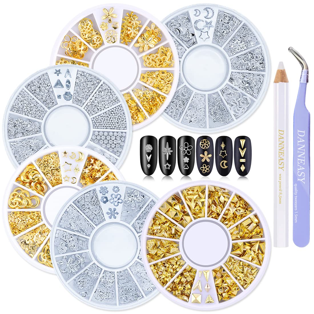 DANNEASY 3d Nail Charms Metal Nail Art Studs Gold Nail