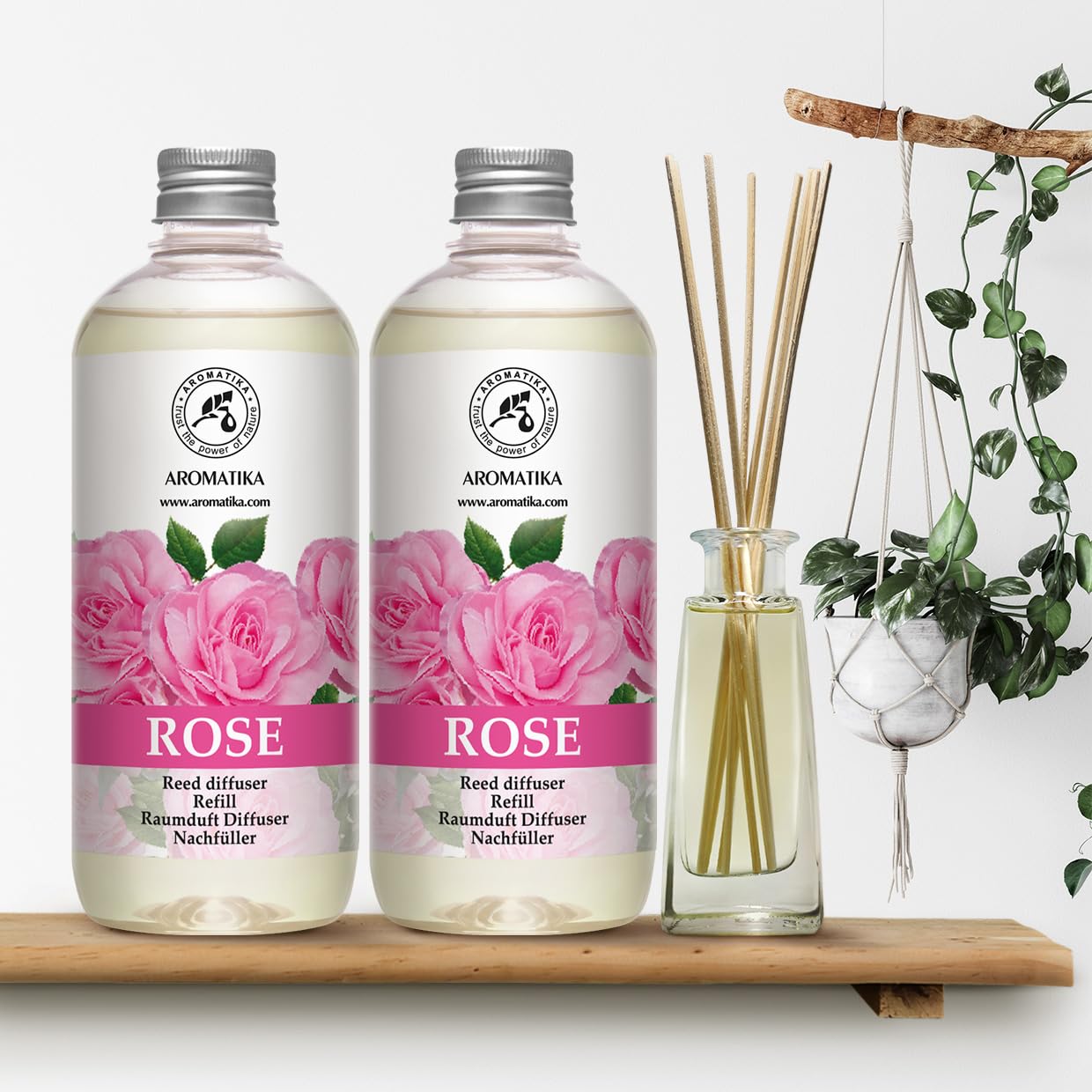 Recambio para Difusor de Varillas Aroma Rosa – 2 x 500 ml – Fragancia Ambiental para Hogar, Oficina, Salón y Baño – Líquido para Difusores