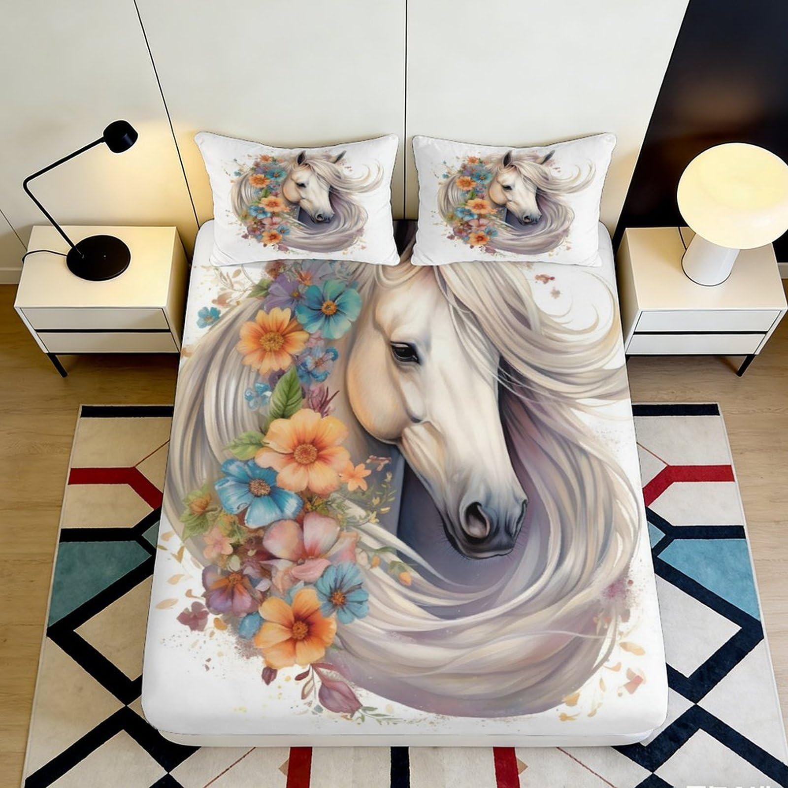 3D Printed Horse Floral Fitted Sheet Microfiber Deep Pocket Non-Slip Horse Mattress Fitted Cover Bedroom Bedding 200x200x25cm