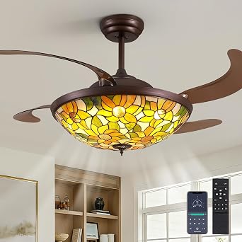 52in Flower Tiffany Retractable Ceiling Fan with 3CCT Dimmable Light Stained Glass Fandelier Chandelier Fan Reversible Vintage Farmhouse Retro for Large Living Room Dining Room 52inch