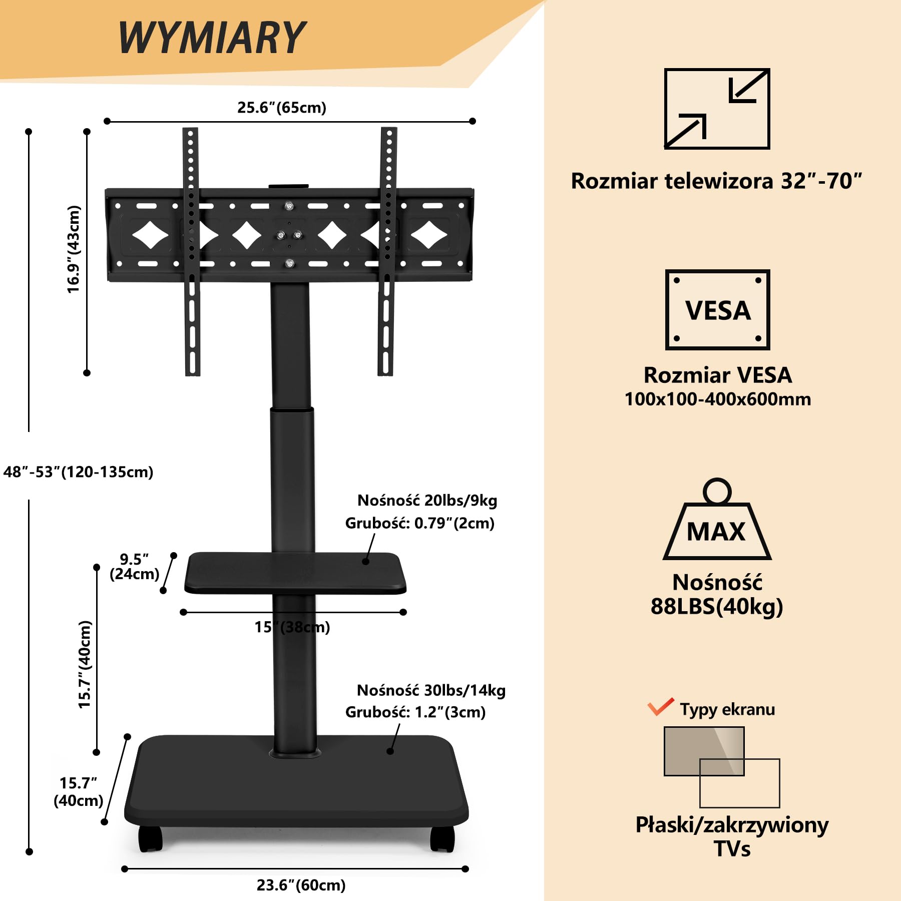 Stojak na kółkach do TV LED OLED o przekątnej 32"-70", płaski, zakrzywiony, do 100Ibs. Regulowana wysokość. Mobilny wózek pod TV z blokowanymi kółkami i półką do sypialni, biura na zewnątrz, czarny