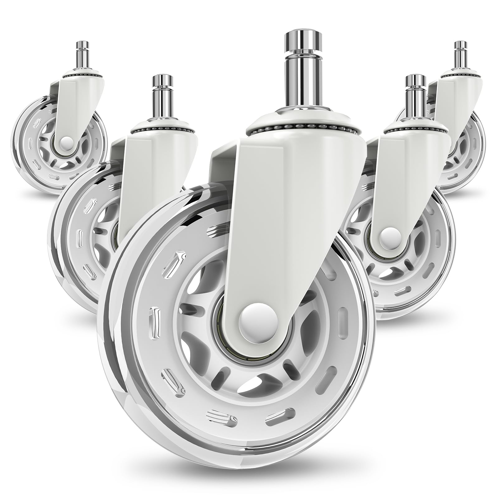 COSYLAND Office Chair Castors - Set of 5 Replacement Rubber Wheels - Heavy-Duty Rollers for Office Chair, Noise Free, Fits 98% Chairs, for All Floors (White)