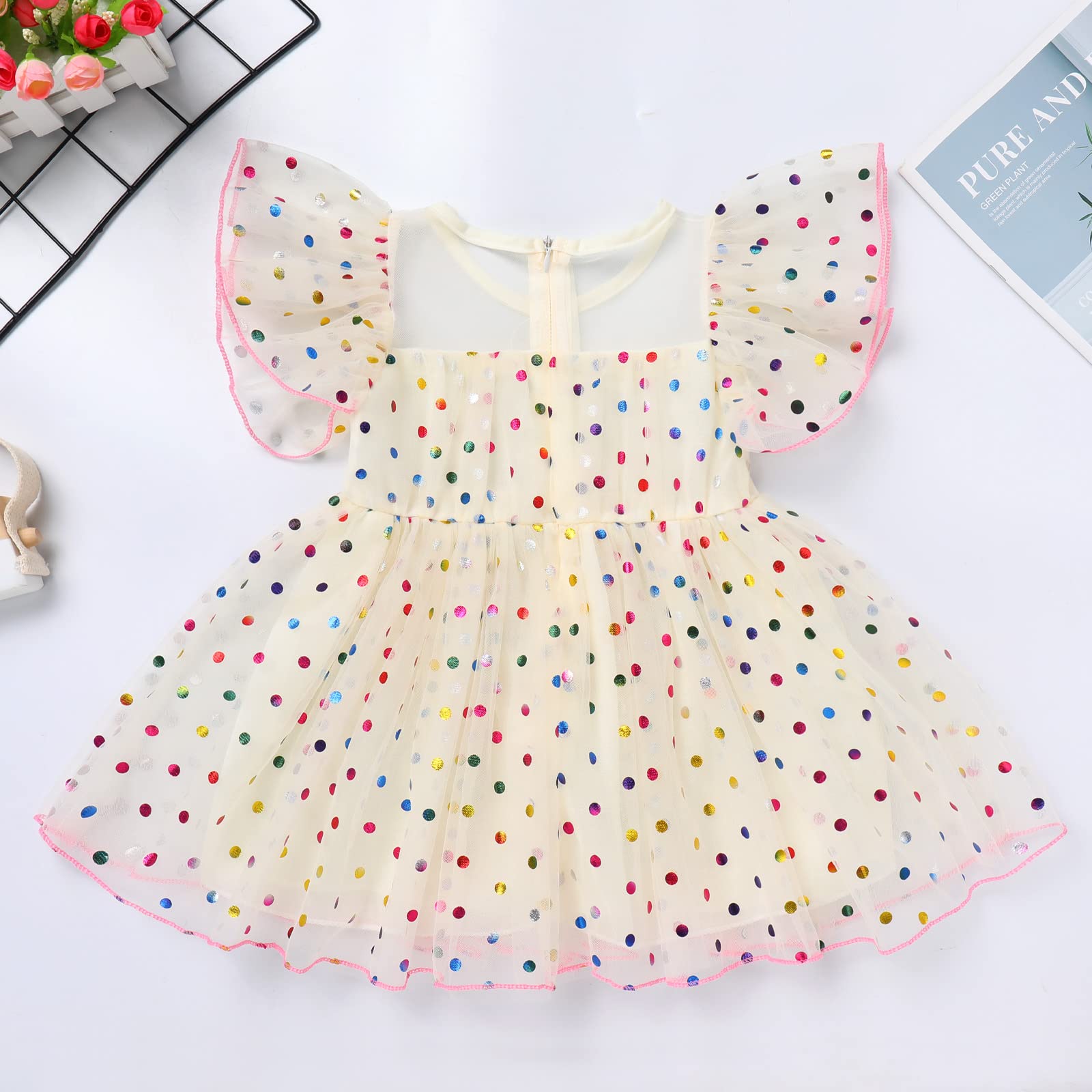 Toddler Baby Girl Tulle Dress with Polka Dot Sequins Ruffle Mesh Sleeve Flower Girl Wedding Guest Birthday Party Dress Baptism Easter Christening Dress for Baby Girl Cream 2-3 Years