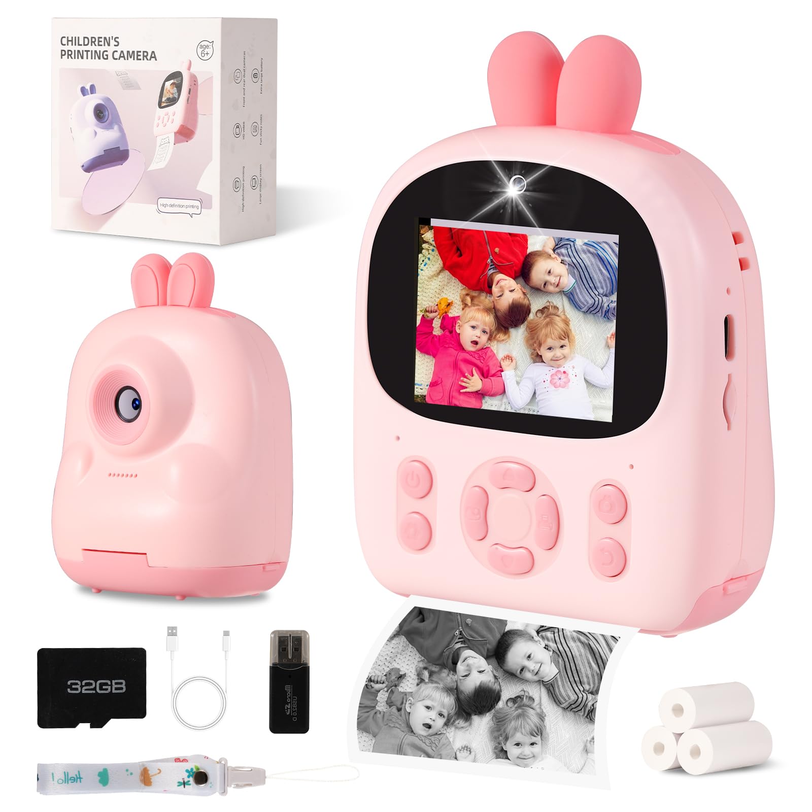 Instant Print Camera for Kids, 1080P HD Selfie Digital Video Cameras Toddler 3 Print Paper & 32G Card, Christams Birthday Gifts for Girls Boys Age 3-