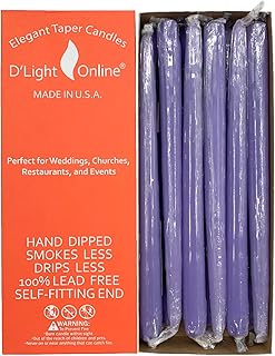 D'light Online Elegant 10" Unscented Pale Lavender Taper Candles, Premium Quality Hand-Dipped Tapered Candles, Dripless and Smokeless - Set of 12 Individually Wrapped (10 Inch, Pale Lavender)