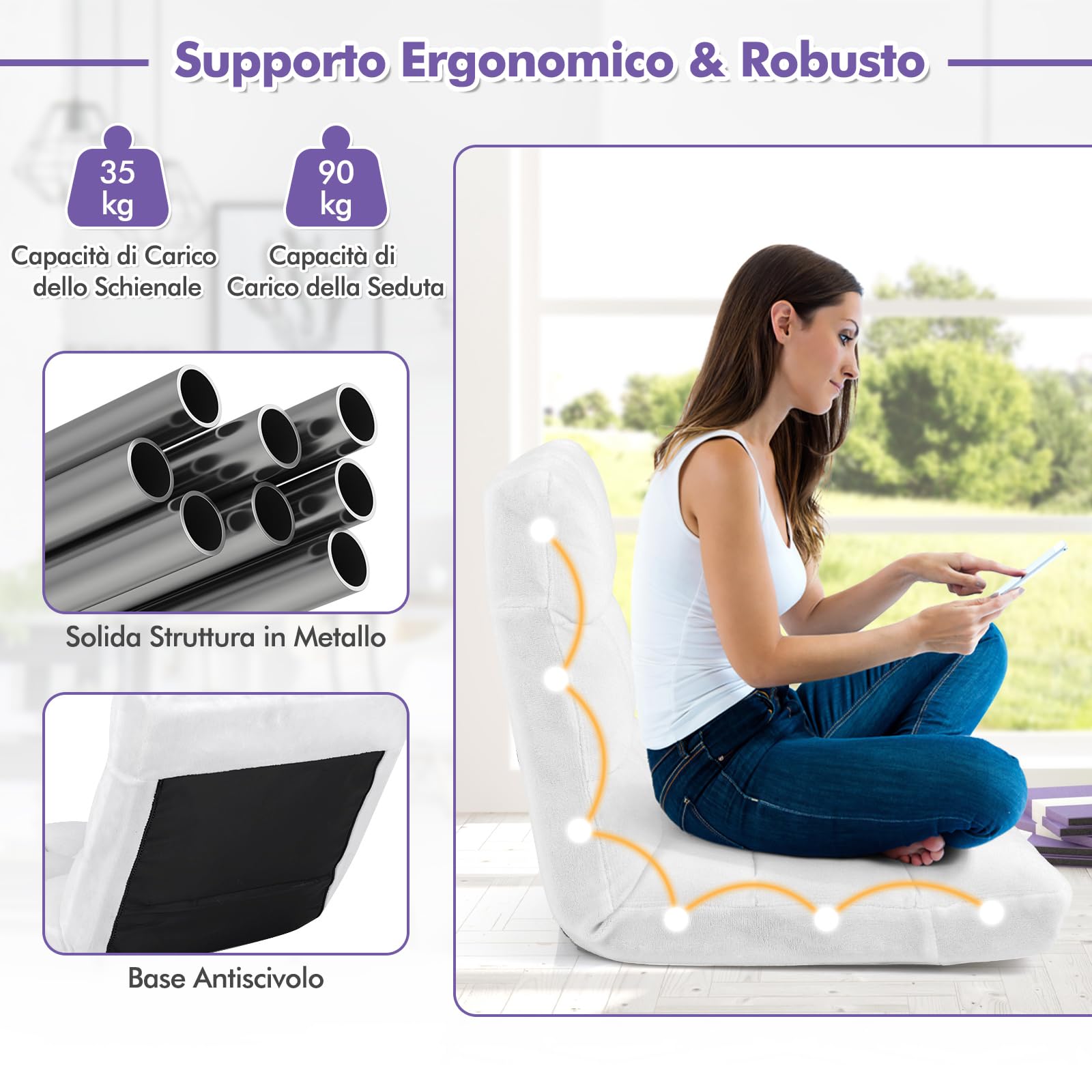COSTWAY Sedia da Pavimento, Cuscino Imbottito da Terra con Schienale Regolabile a 14 Livelli, Poltrona Pieghevole Relax, Lettura, Yoga, per Soggiorno, Camera da Letto (Bianco, 68 x 57 x 56 cm)