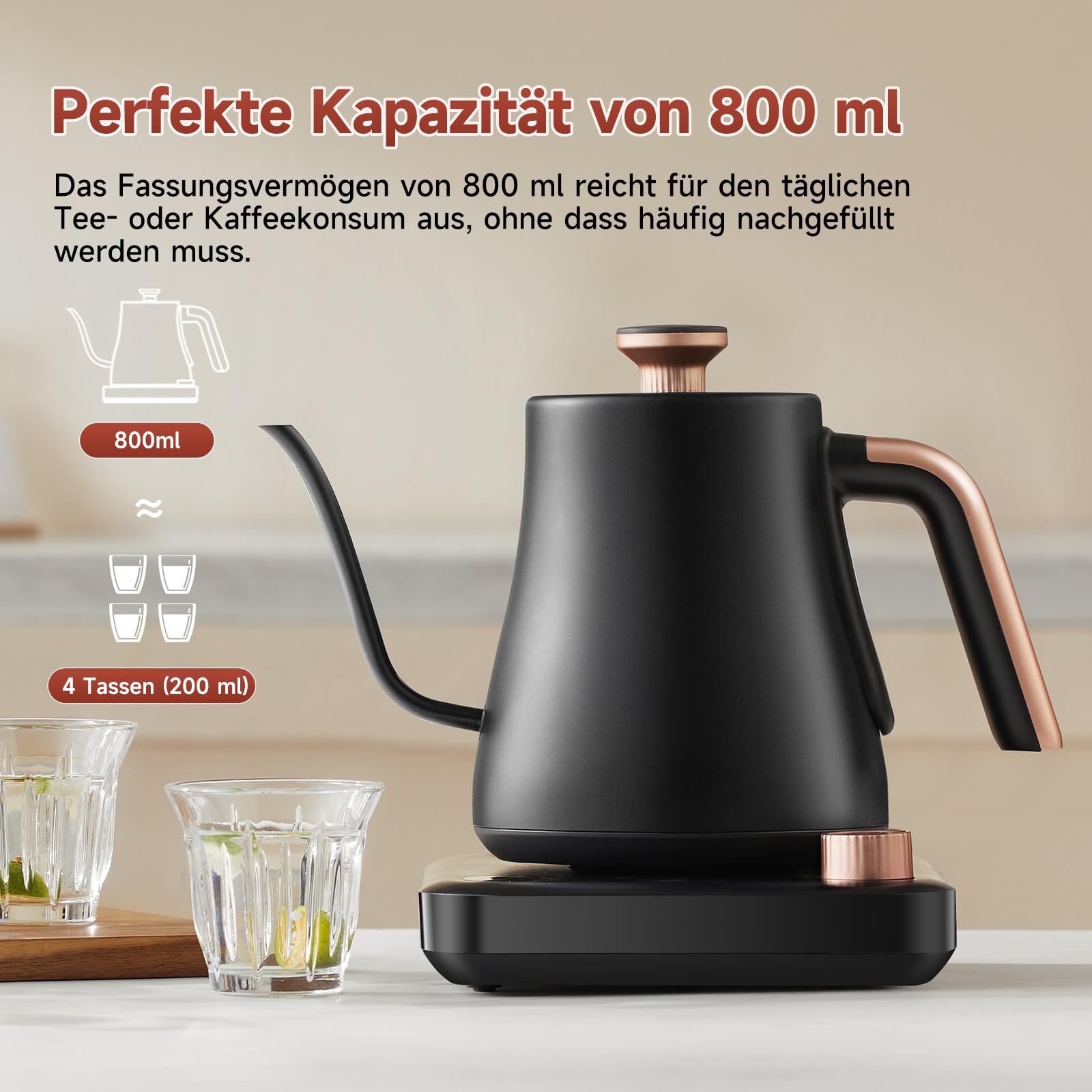OLEGA wasserkocher schwanenhals: 1200W wasserkocher mit temperatureinstellung, 0.8L Edelstahl schwanenhals wasser kocher, LED-Anzeige & Warmhaltefunktion kettle, Geeignet für Kaffee und Tee, schwarz