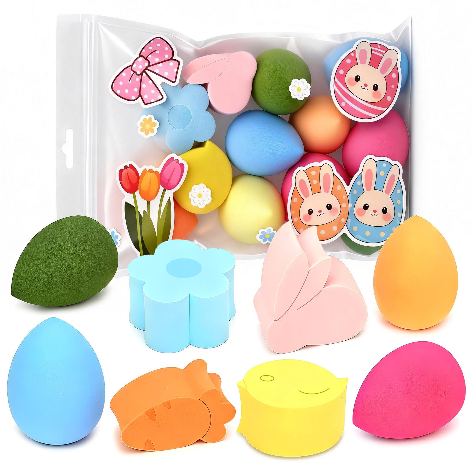 Easter Makeup Sponges Sets-12Pcs Bunny Chick Egg Beauty Blender Makeup Sponges for Powder Cream Liquid Super Soft Latex-Free