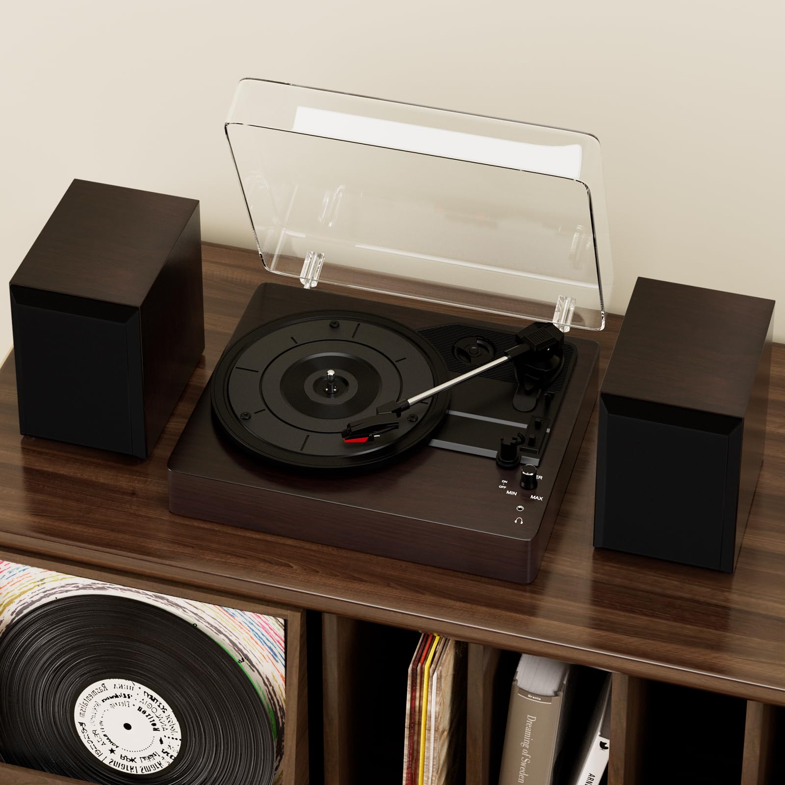 Topteng Schallplattenspieler mit Lautsprecher, 3-Geschwindigkeiten (33/45/78 U/min) für 7/10/12 Zoll Vinyl-Schallplatten, Geteilter Turntable Record Player, mit LP Modus - Zum entspannten Musikgenuss