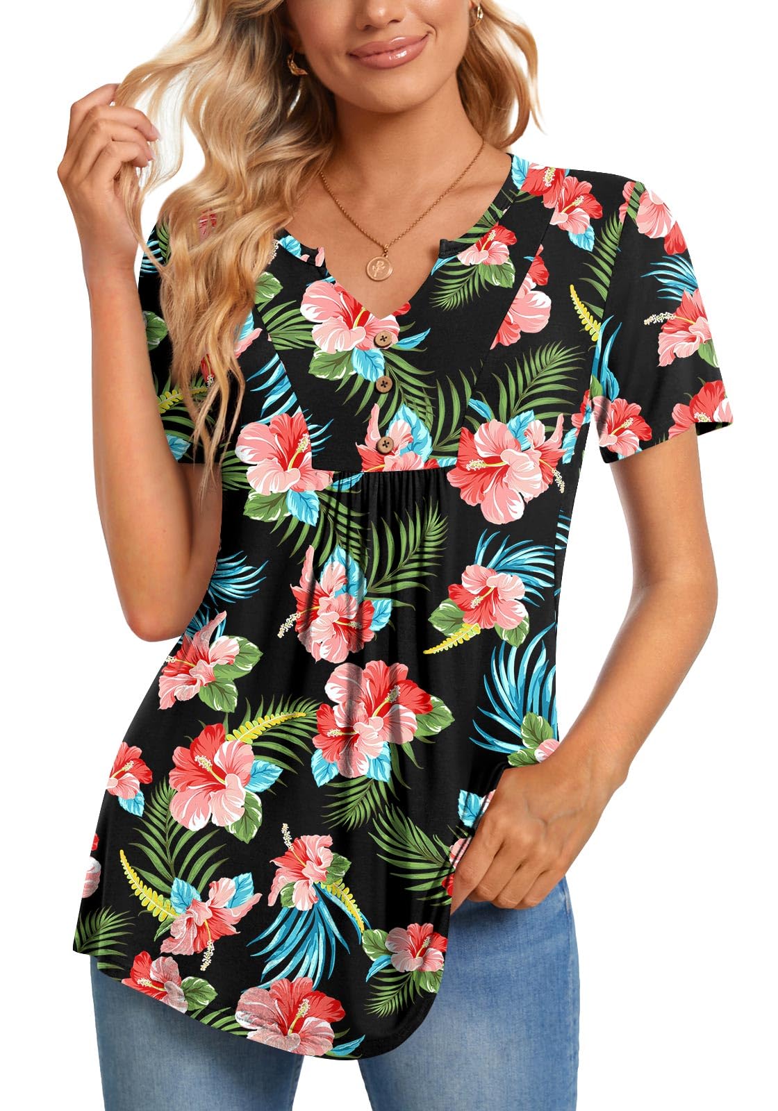 CATHY Womens Short Sleeve Tunic Tops Henley Shirt V Neck Button Up Blouse Casual Pleated Basic Pullover