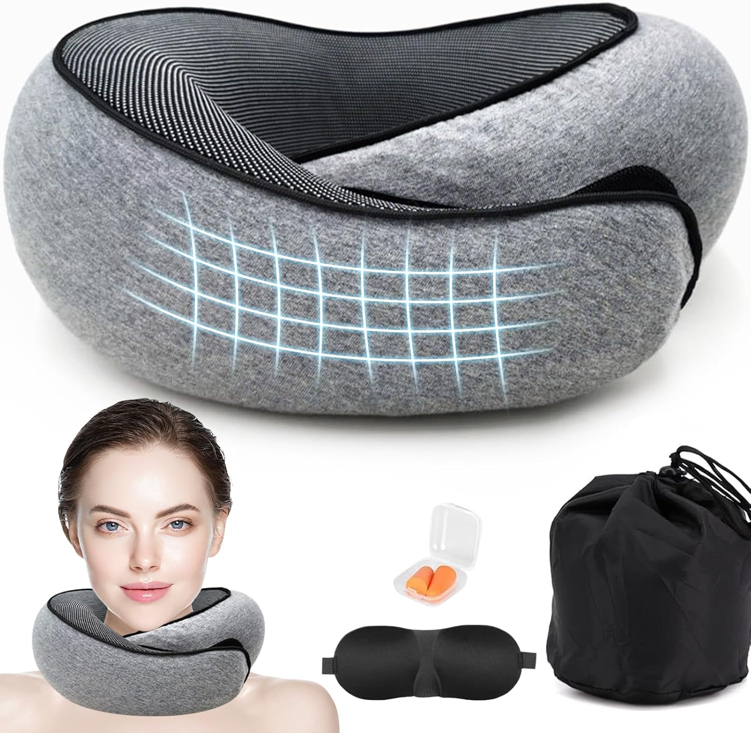 Winuoyang Travel Pillow, Memory Foam Travel Neck Pillow Adjustable Neck Support Pillow for Travel Airplane Train Adult Kids Sleeping Upright