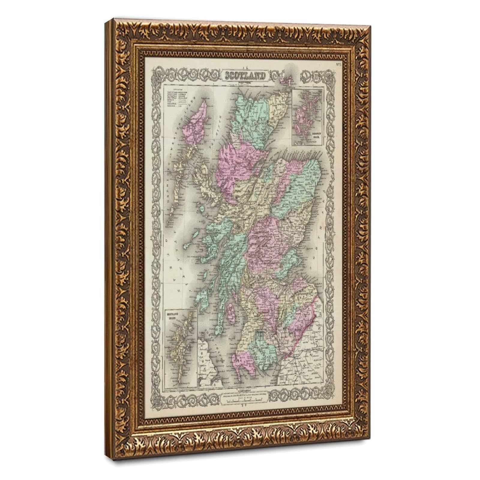 WCYB 1855 Colton Map of Scotland Posters Prints Canvas Deco Paintings Wall Art Hangable Frame 8" L X 12" W