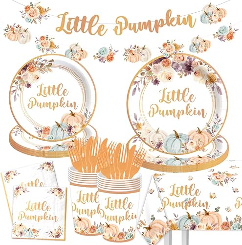 Decoraciones de baby shower de calabaza pequeña, 142 piezas de vajilla temática de calabaza de otoño, platos de fiesta para niños y niñas, baby
