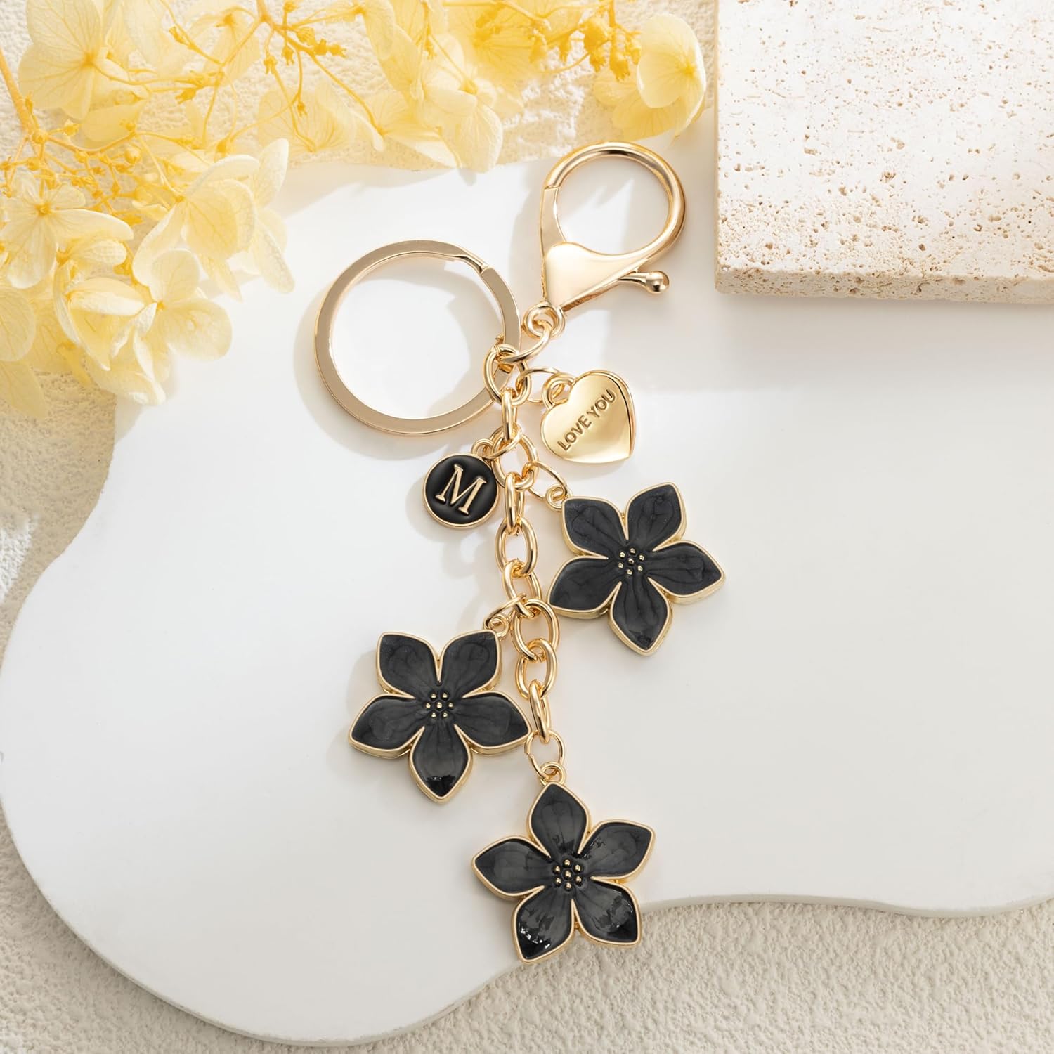 XGALBLA Big Flower Initial Keychain with Love You Heart, Cute Flower Letter Keychain for Women, Bag Charms for Handbags Purse - Image 3