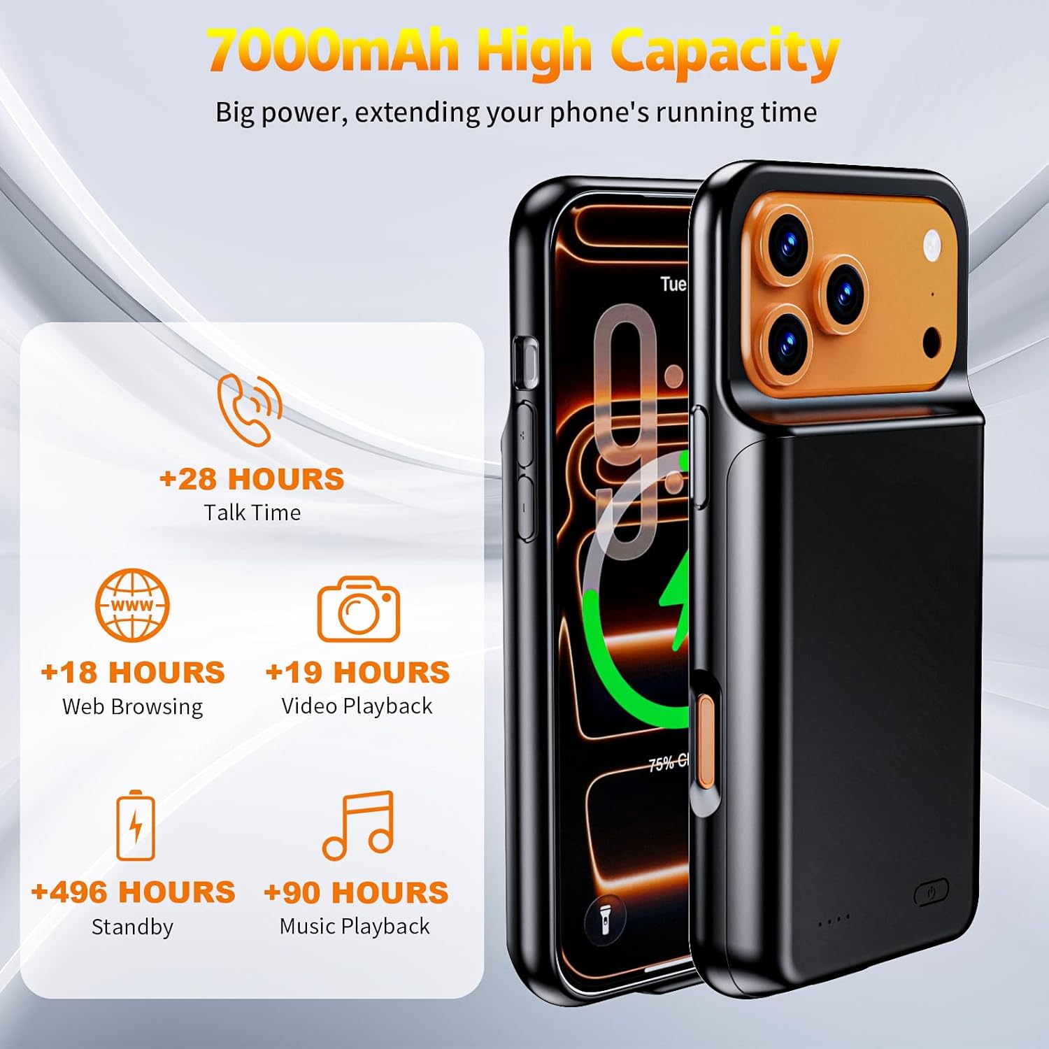 2026 Ultra-Slim Battery Case for iPhone 17 Pro Max(6.9 inch), Charging Case 7000mAh Rechargeable Portable Extended Charger Case Cover w/Tempered-Glass Protector - Black