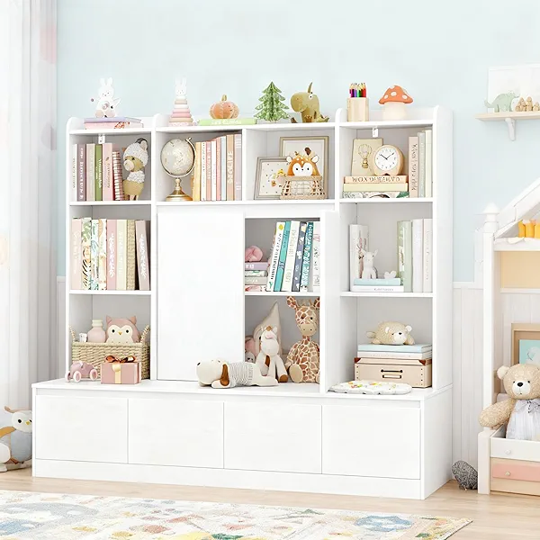 HIFIT 4-In-1 Kids Bookshelf and Toy Storage Organizer with Bench, Kids Reading Nook Bookcase with 4 Sliding-Drawers & 2 Doors, 10-Cubes Toy Chest Storage Cabinet for Playroom, Nursery, Classroom,White